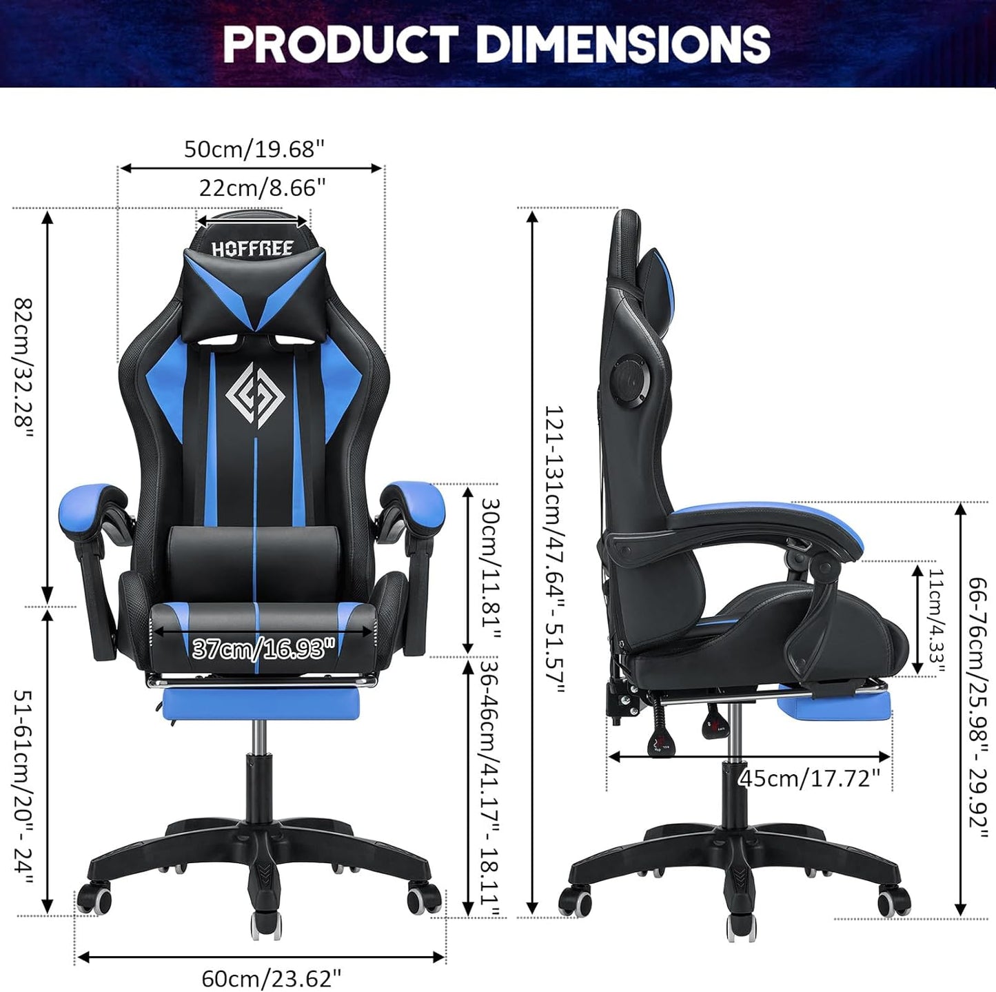 NEW - Gaming Chair with Bluetooth Speakers and RGB LED Lights Ergonomic Massage Video Game Chair with Footrest High Back with Lumbar Support Blue and Black - Retail $215