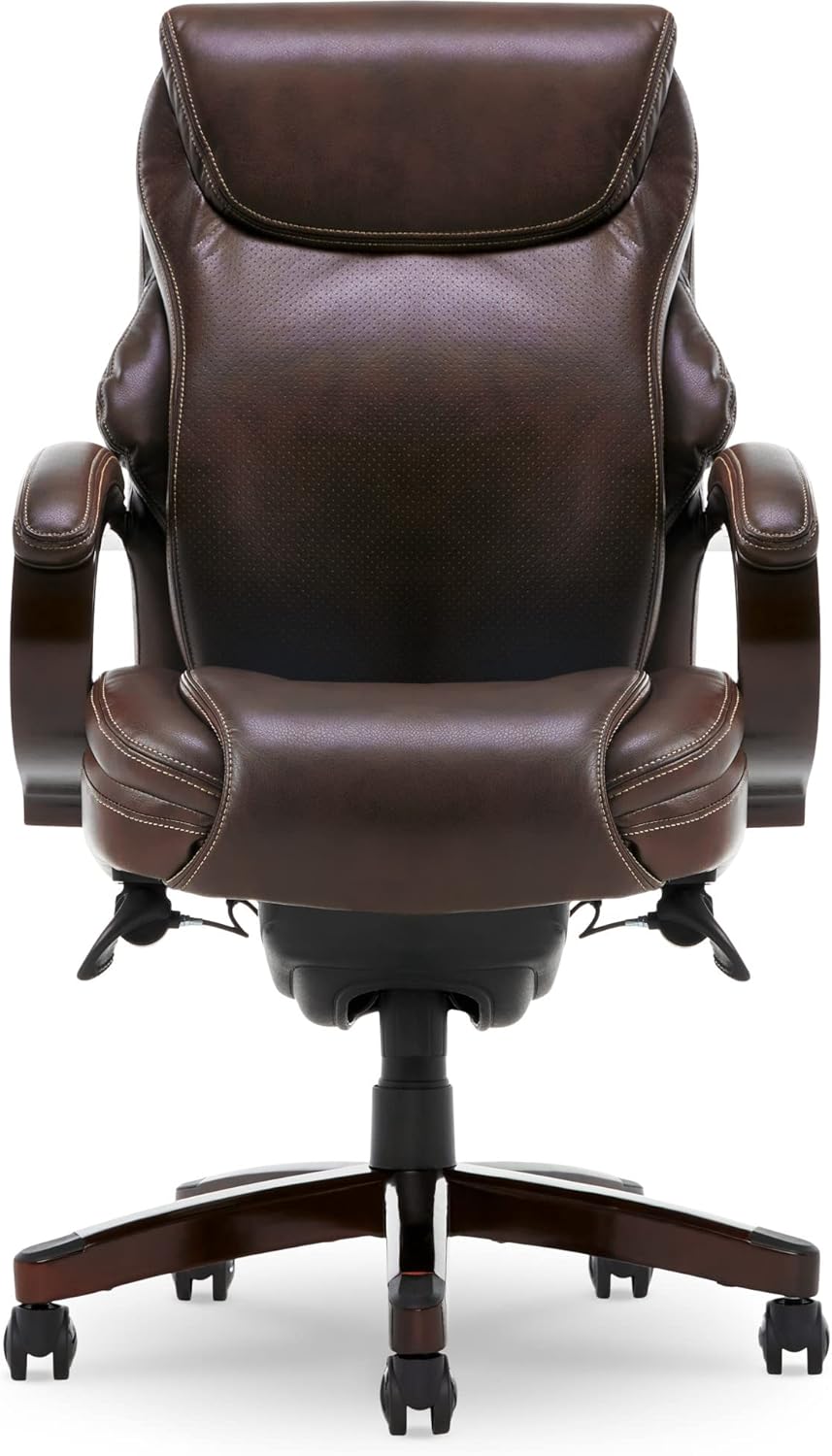 La-Z-Boy Hyland Executive Office Chair with AIR Lumbar Technology, Adjustable High Back Ergonomic Desk Chair with Lumbar Support, Mahogany Wood Finish, Bonded Leather, Brown - Retail $459