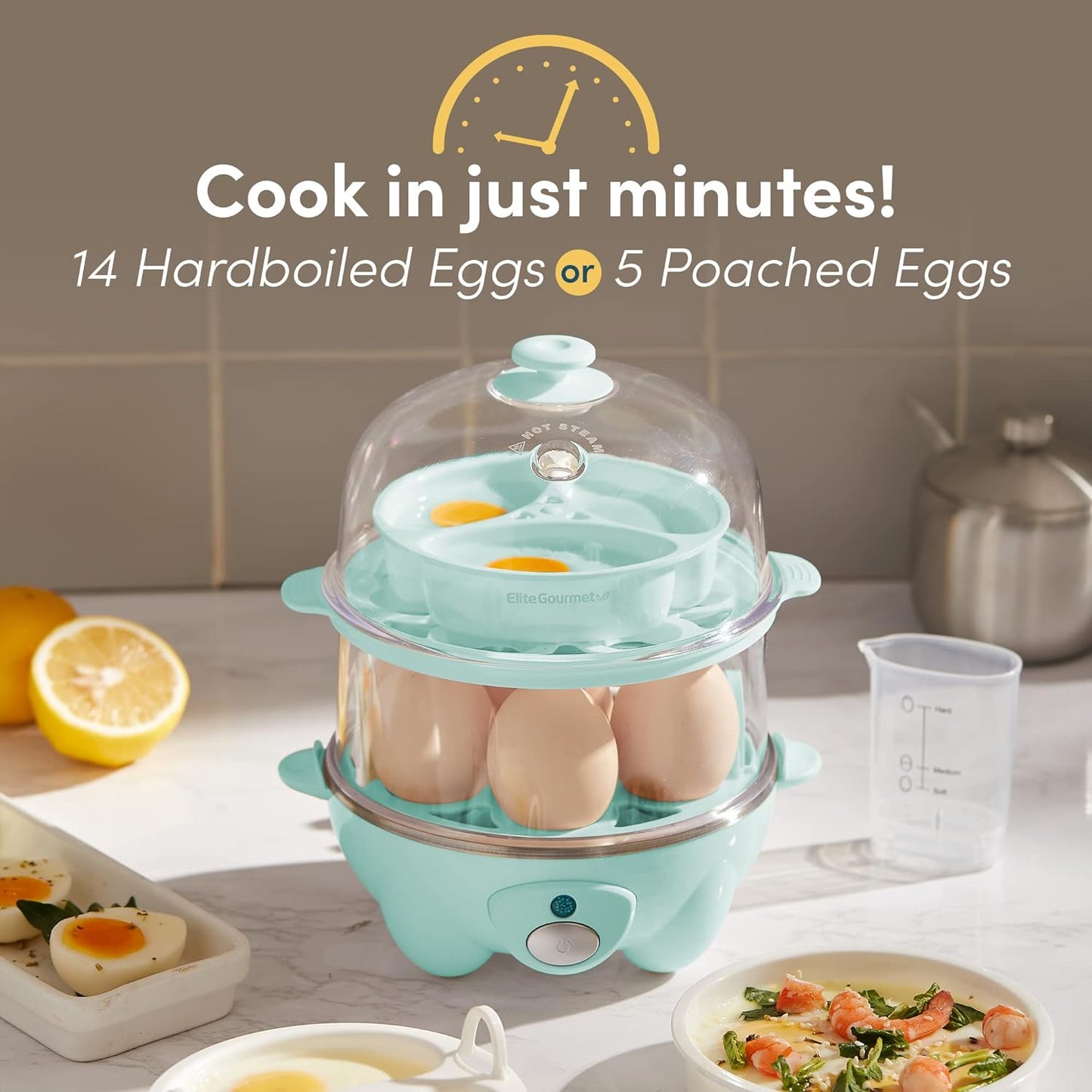 NEW - Elite Gourmet EGC1405M 2-Tiered Rapid Egg Cooker, 5-Egg Poacher, Omelets, Soft, Medium, Hard-Boiled Eggs with Auto Shut-Off and Buzzer, BPA Free, 14 eggs, Mint - Retail $27