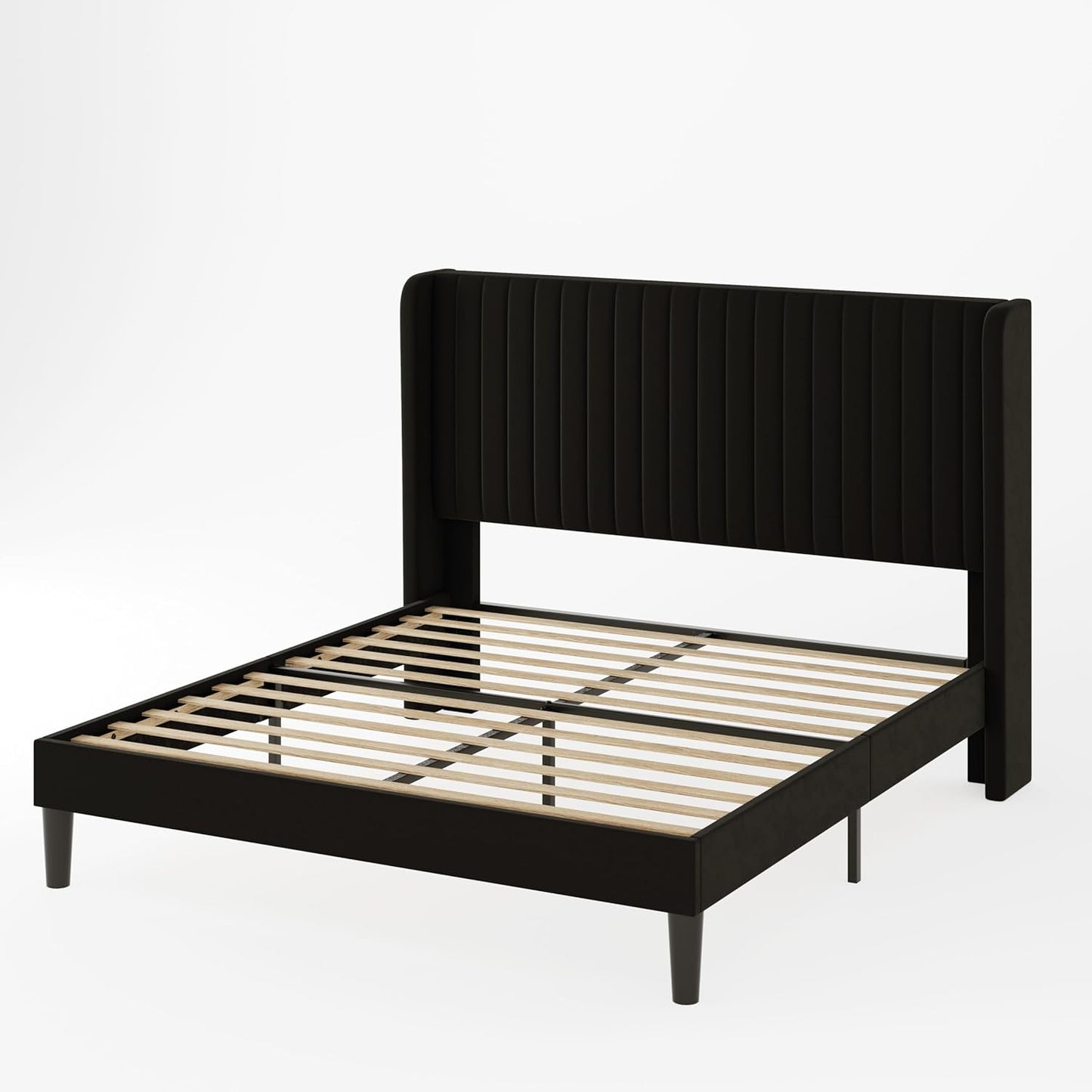 Allewie Queen Size Velvet Bed Frame/Vertical Channel Tufted Wingback Headboard/Upholstered Platform Bed/Strong Wooden Slats/No Box Spring Needed/Easy Assembly/Black
