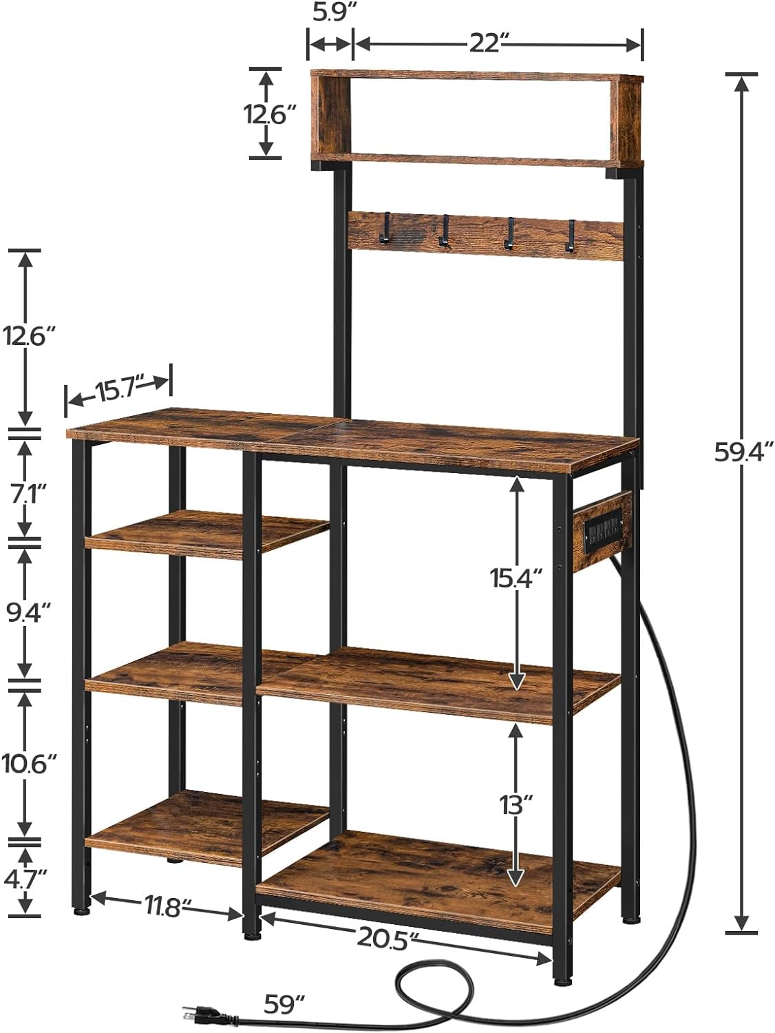 NEW - HOOBRO Bakers Rack with Power Outlet, 35.4 Inches Microwave Stand with 4 Hooks, 6 Tiers Kitchen Storage Shelf Rack, Coffee Bar Table, Rustic Brown and Black BF10UHB01 - Retail $99