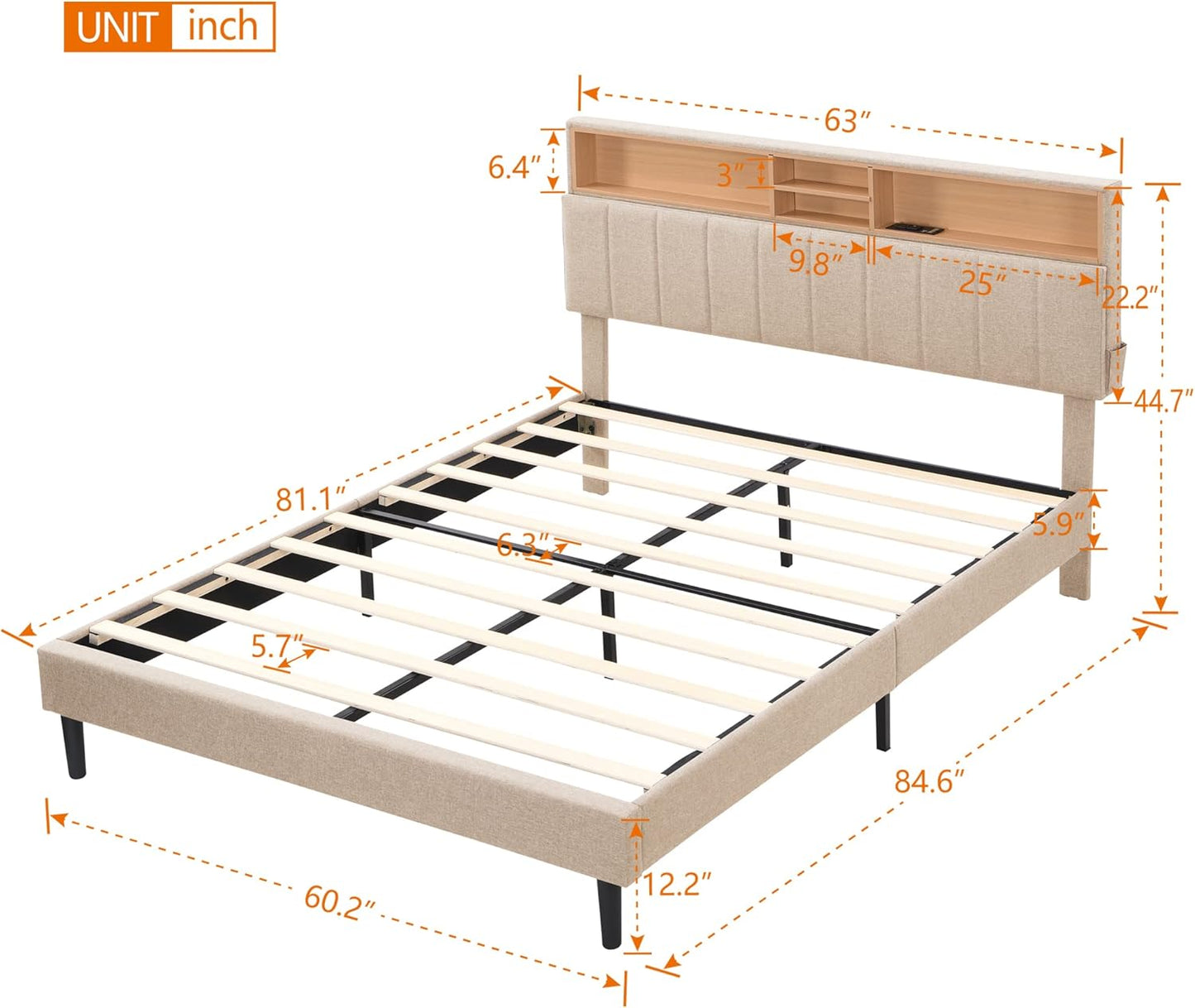 Queen Bed Frame,Platform Bed with Storage Headboard and Power Outlets, USB Ports Charging Station, Sturdy and No Noise, No Box Spring Needed, Linen Fabric Upholstered Bed (Beige) - Retail $270