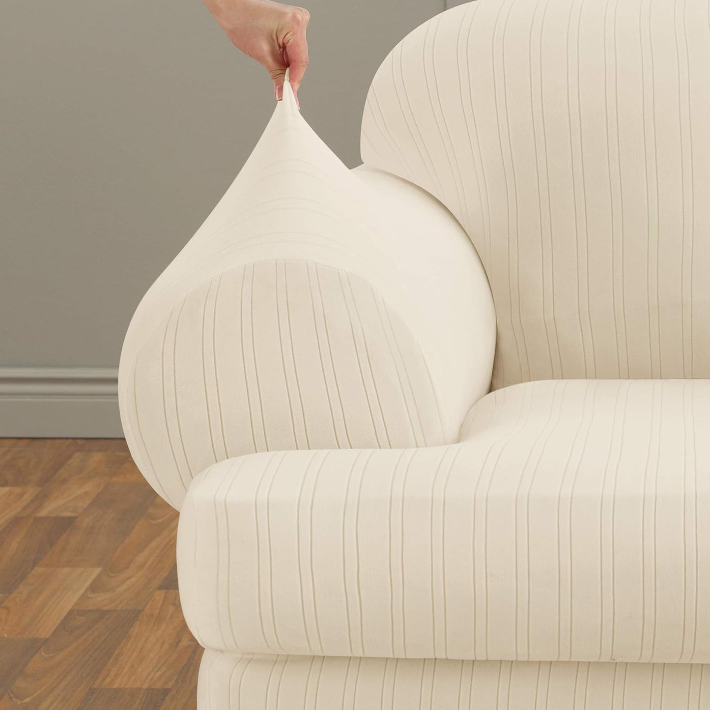 NEW - SureFit Stretch Pinstripe 2 Piece T Cushion Loveseat Slipcover in Cream - Retail $90