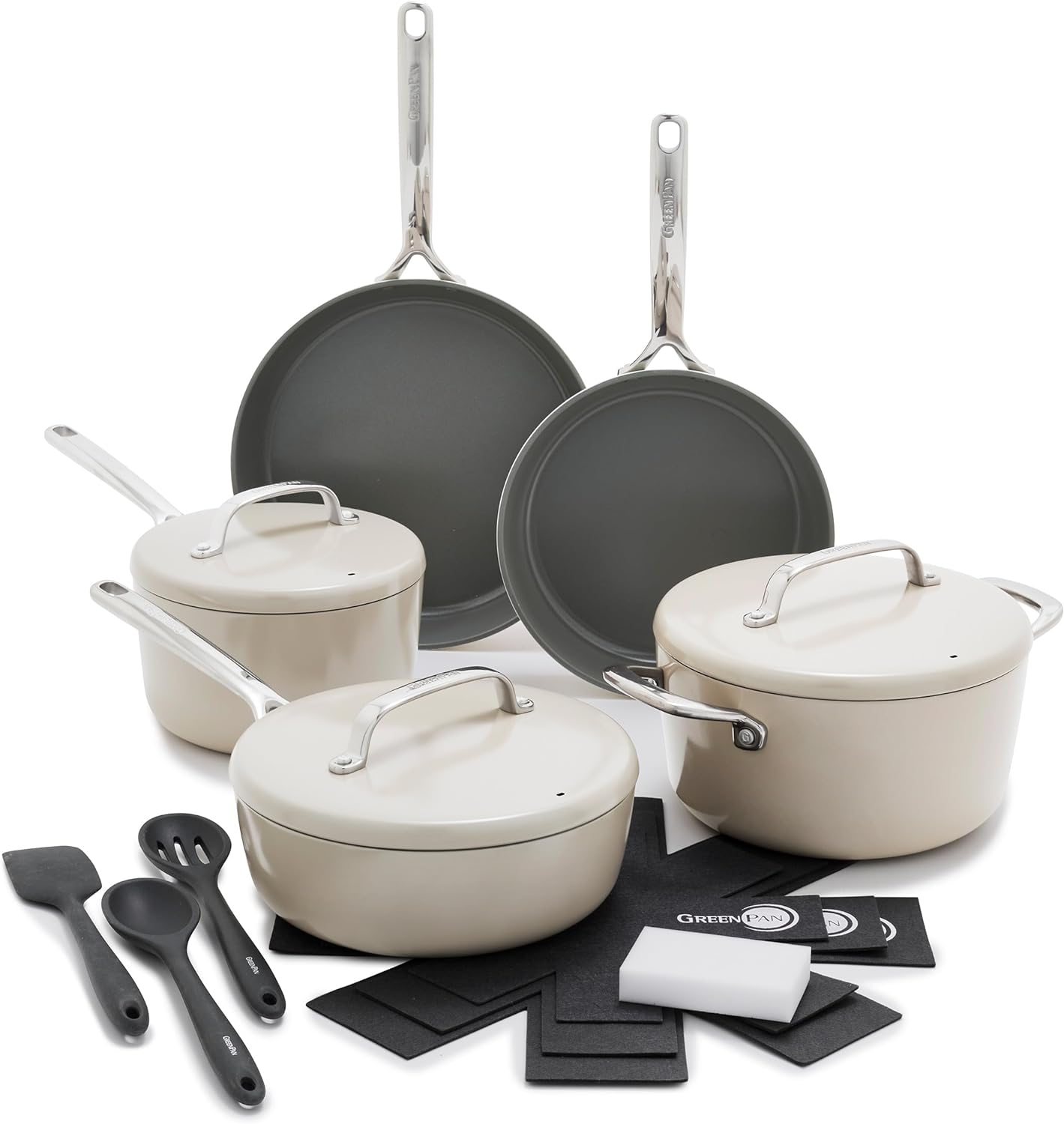 NEW - GreenPan GP5 Hard Anodized Healthy Ceramic Nonstick 14 Piece Cookware Pots and Pans Set,Heavy Gauge Scratch Resistant,Stay-Flat Surface, Induction, Mirror Finish Handle,Oven Safe,PFAS-Free,Taupe - Retail $479