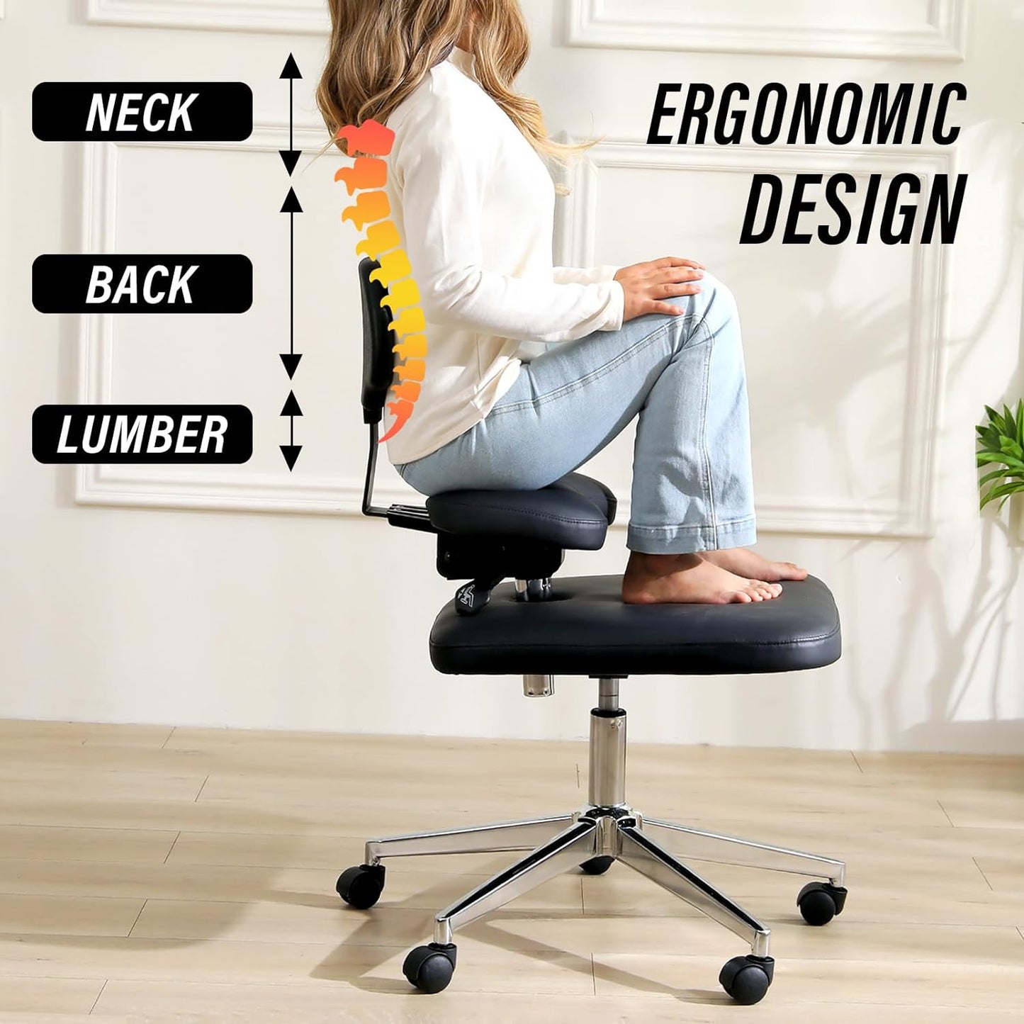 NEW - LHOOCX Cross-Legged Chair, Kneeling Chair with Lumbar Support and Adjustable Recline Angle, Ergonomic Office Chair for Office, Home and Yoga Enthusiasts, Meditation Fanatics (Black) - Retail $249