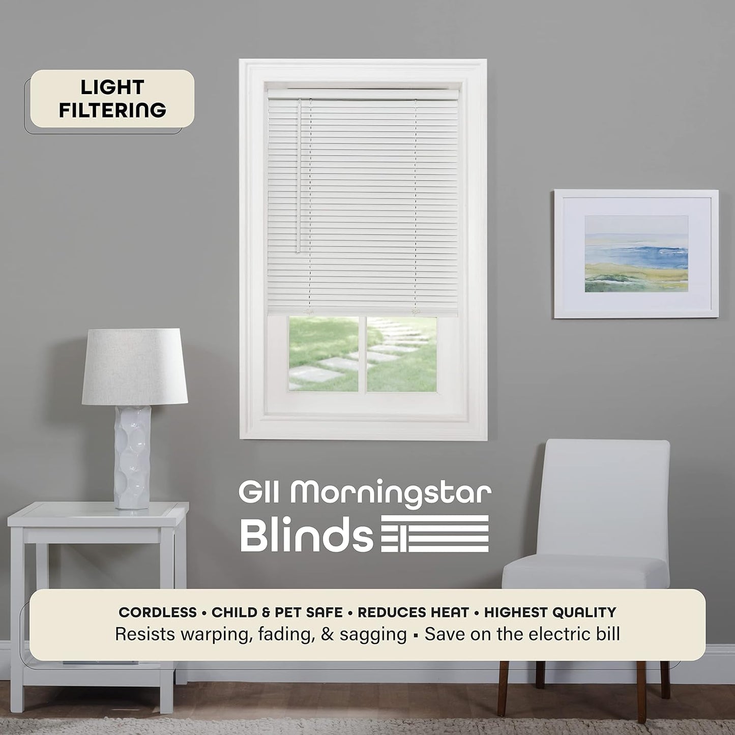 NEW - Cordless Light Filtering Mini Blind - 36 Inch Width, 64 Inch Length, 1" Slat Size - Pearl White - Cordless GII Morningstar Horizontal Windows Blinds for Interior by Achim Home Decor - Retail $17