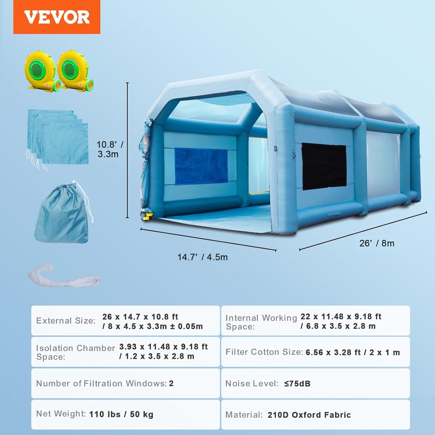 VEVOR Inflatable High Powerful 750W+950W Blowers Spray Booth Paint Air Filter System for Car Parking Tent Workstation Garage, 26x15x11ft - Retail $661