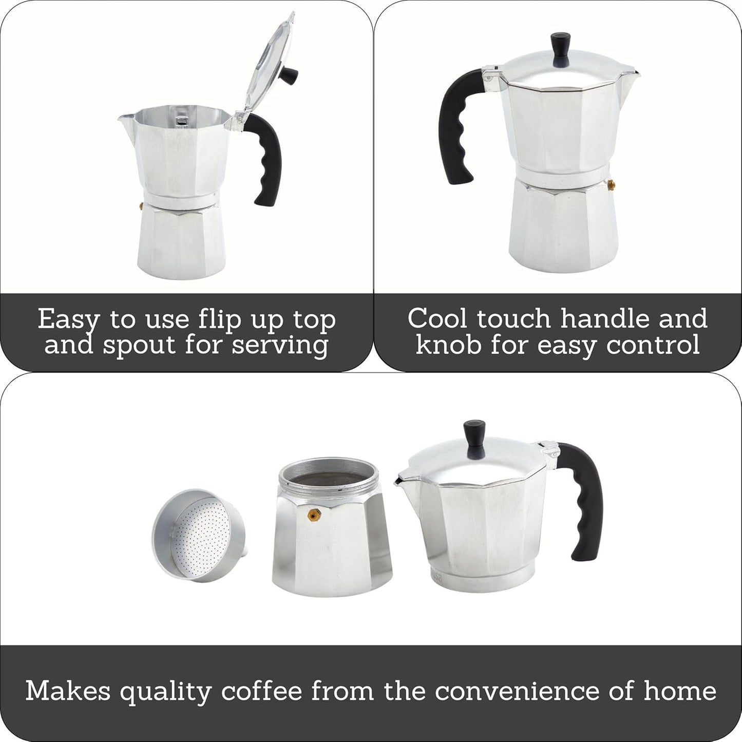 IMUSA 12-Cup Stovetop Espresso Maker, Cast Aluminum Coffee Maker, Cuban Coffee Brewer, Moka Pot Style, Portable Coffee Maker for Home, Camping, or Travel
