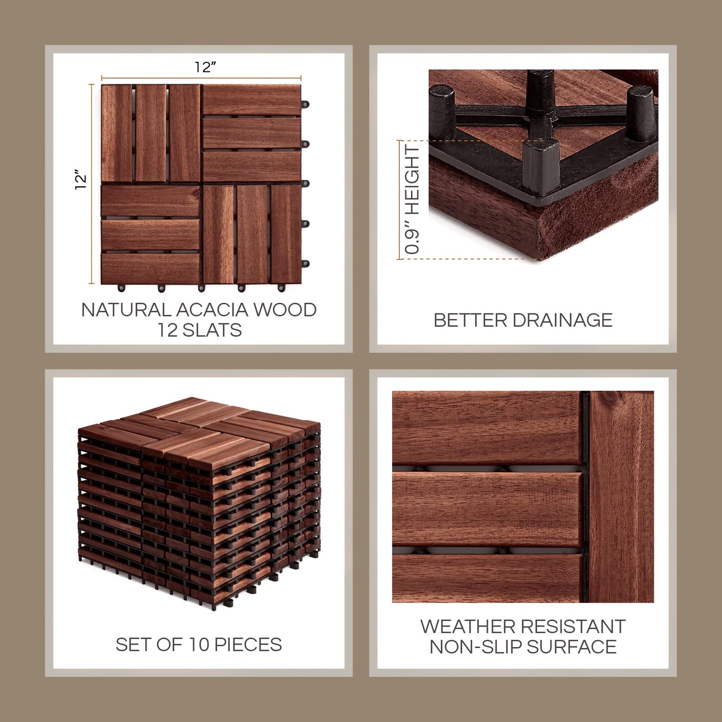 Set 10 Premium Deck Tiles, Interlocking Deck Tile, Wooden Patio Flooring Outdoor Waterproof, Acacia Wood Decking All Weather for Balcony Indoor and Outdoor Use (Dark Brown, Round Joints)