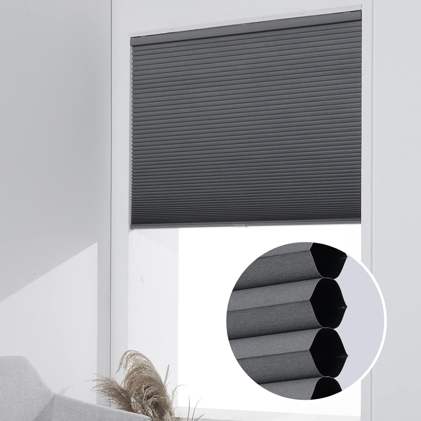 NEW - Persilux Custom Blackout Blinds for Windows Cellular Cordless Shades Honeycomb Window Blinds (Grey, 46"W x 64"H) Window Shades for Home, Room Darkening Cellular Blinds & Shades for Bedroom and Office - Retail $82