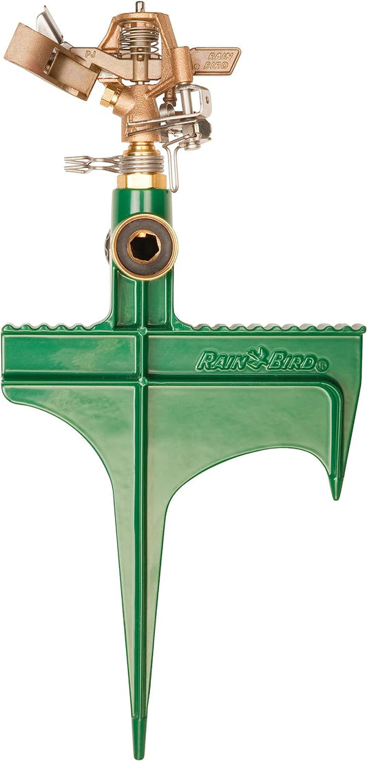 Rain Bird 25PJLSP Hose-End Brass Impact Sprinkler on Large Spike, Adjustable 20° - 360° Pattern, 20' - 41' Spray Distance , Green - Retail $30