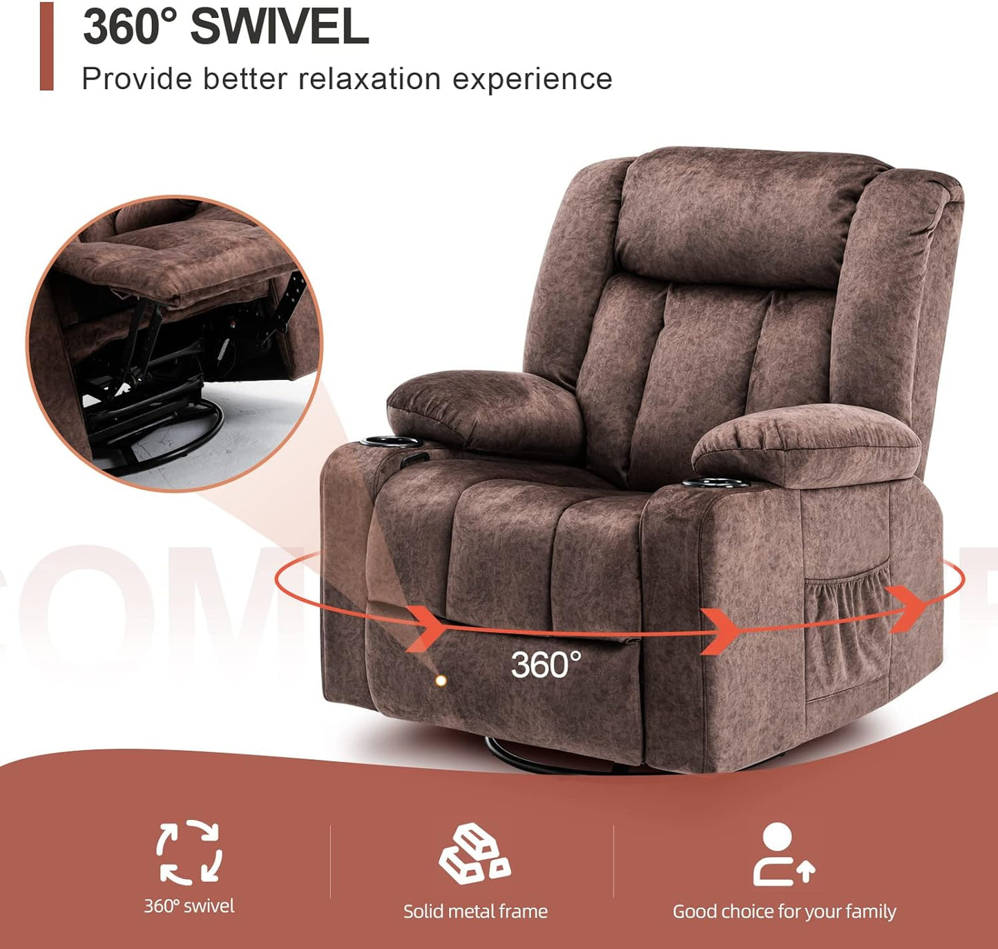 NEW - COMHOMA Recliner Chair Massage Rocker with Heated 360 Degree Swivel Lazy Boy Recliner Single Sofa Seat with Cup Holders for Living Room (brown) - Retail $289
