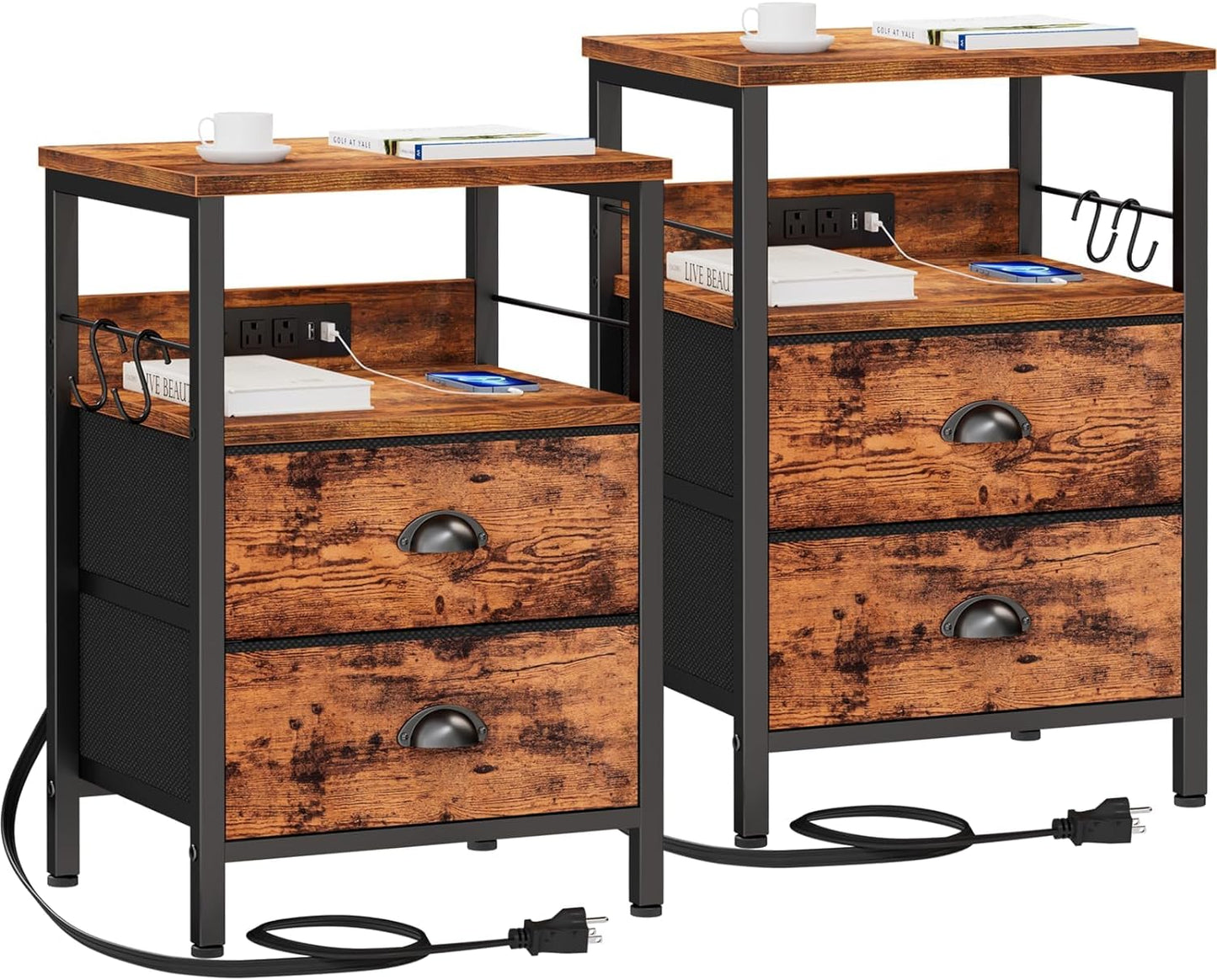 Furologee Nightstand Set of 2, Rustic Brown, with Charging Station and USB Ports, Side Tables with 2 Fabric Drawers, Bedside Tables with Storage Shelf & Hooks, for Living Room/Bedroom - Retail $109