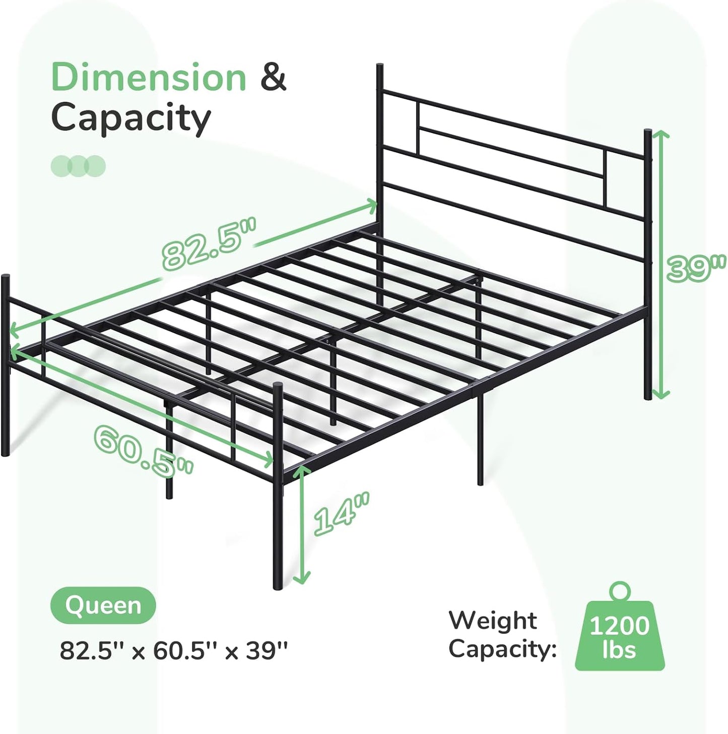 NEW - Novilla Metal QUEEN Bed Frame with Headboard and Footboard, 14 Inch Platform - Retail $89