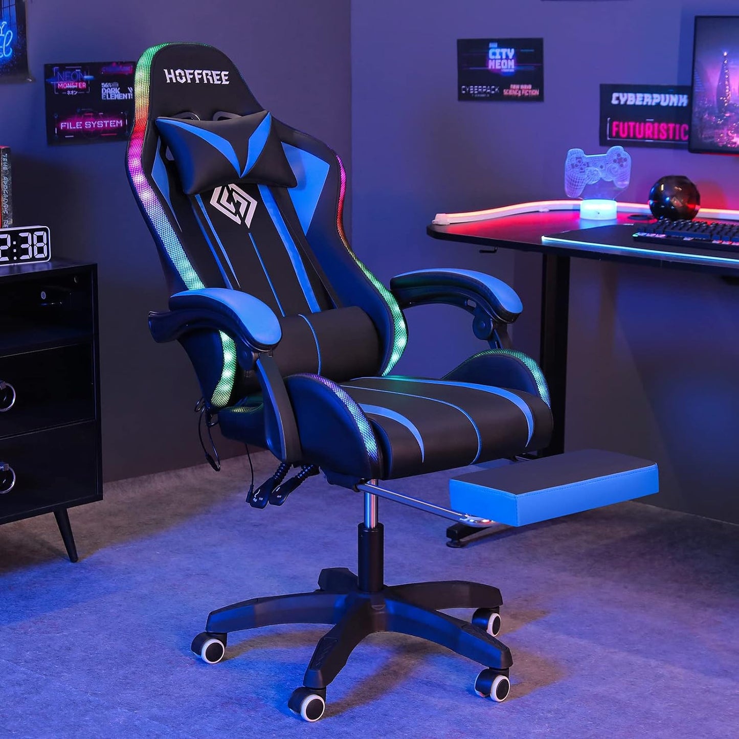 NEW - Gaming Chair with Bluetooth Speakers and RGB LED Lights Ergonomic Massage Video Game Chair with Footrest High Back with Lumbar Support Blue and Black - Retail $215