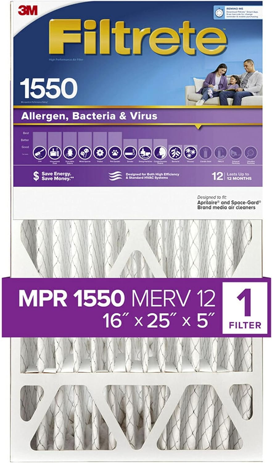 NEW, Sealed - 3M 16 x 25 x 5 Ultra Allergen Reduction Deep Pleat Filter MERV 12 - Retail $32