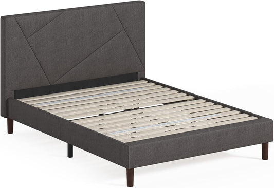 NEW - Zinus QUEEN Judy Upholstered Platform Bed Frame / Mattress Foundation / Wood Slat Support / No Box Spring Needed / Easy Assembly, Grey - Retail $324