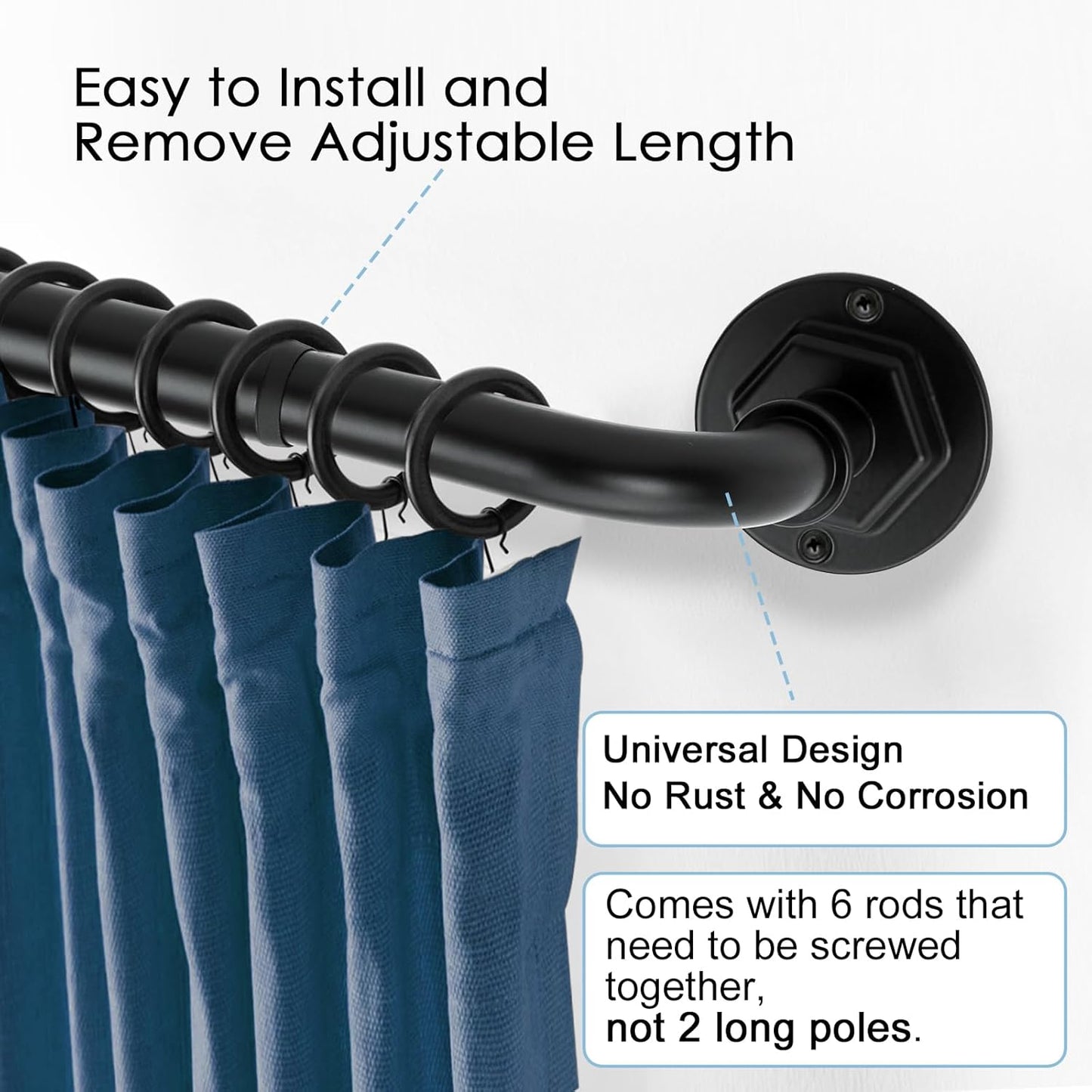 Curtain Rods for Windows 16 to 88 Inches Adjustable Blackout Wrap Around 1 Inch Diameter Curtain Rod, Black