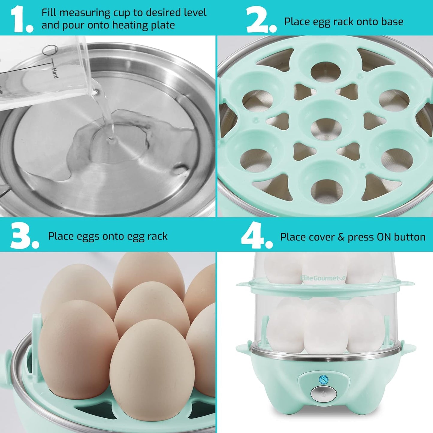 NEW - Elite Gourmet EGC1405M 2-Tiered Rapid Egg Cooker, 5-Egg Poacher, Omelets, Soft, Medium, Hard-Boiled Eggs with Auto Shut-Off and Buzzer, BPA Free, 14 eggs, Mint - Retail $27