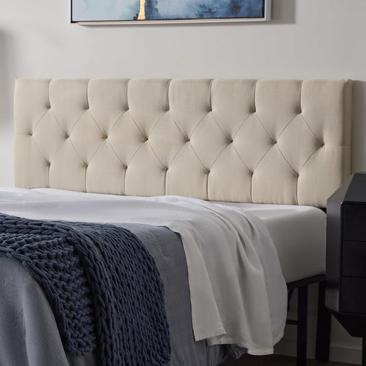 NEW - LUCID QUEEN Mid-Rise Upholstered Headboard - Diamond Tufted - Padded Polyester - Adjustable Height- Easy Assembly - Bed Frame or Wall Mount - Sturdy - Pearl - Queen Size - Retail $99