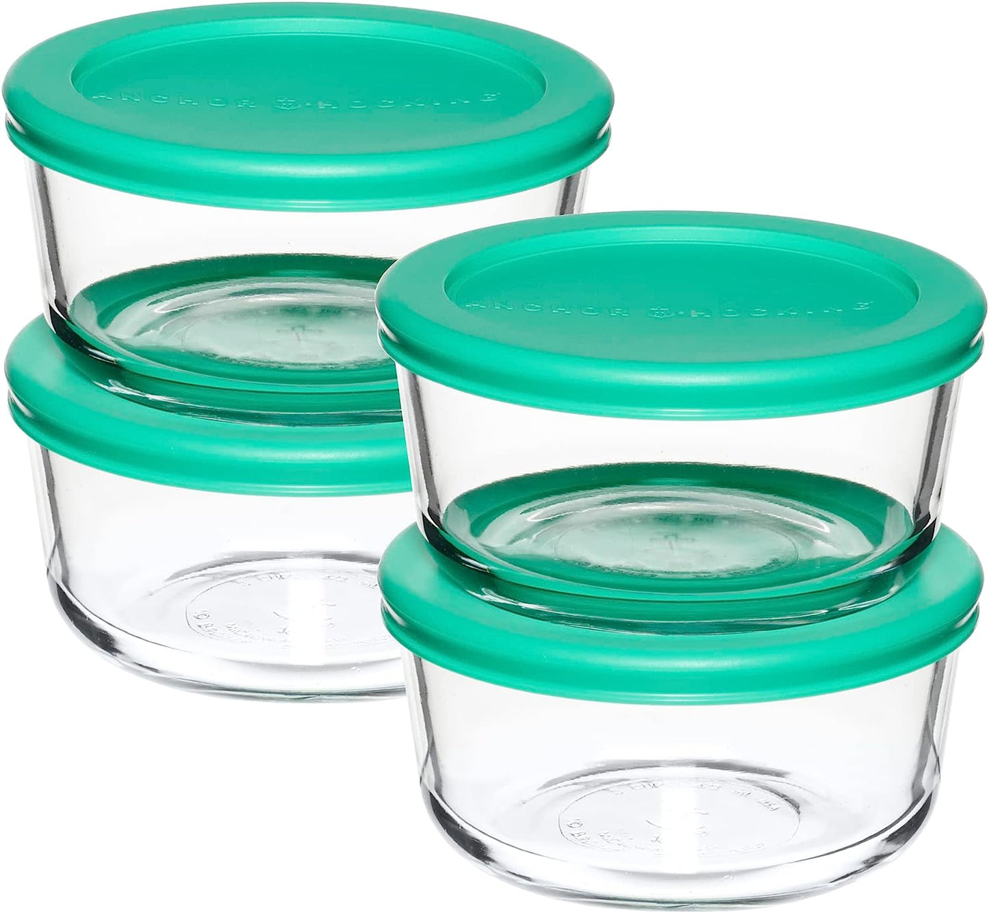 Anchor Hocking 2 Cup Glass Storage Containers with Lids, Set of 4 Glass Food Storage Containers with Mint SnugFit Lids - Retail $19