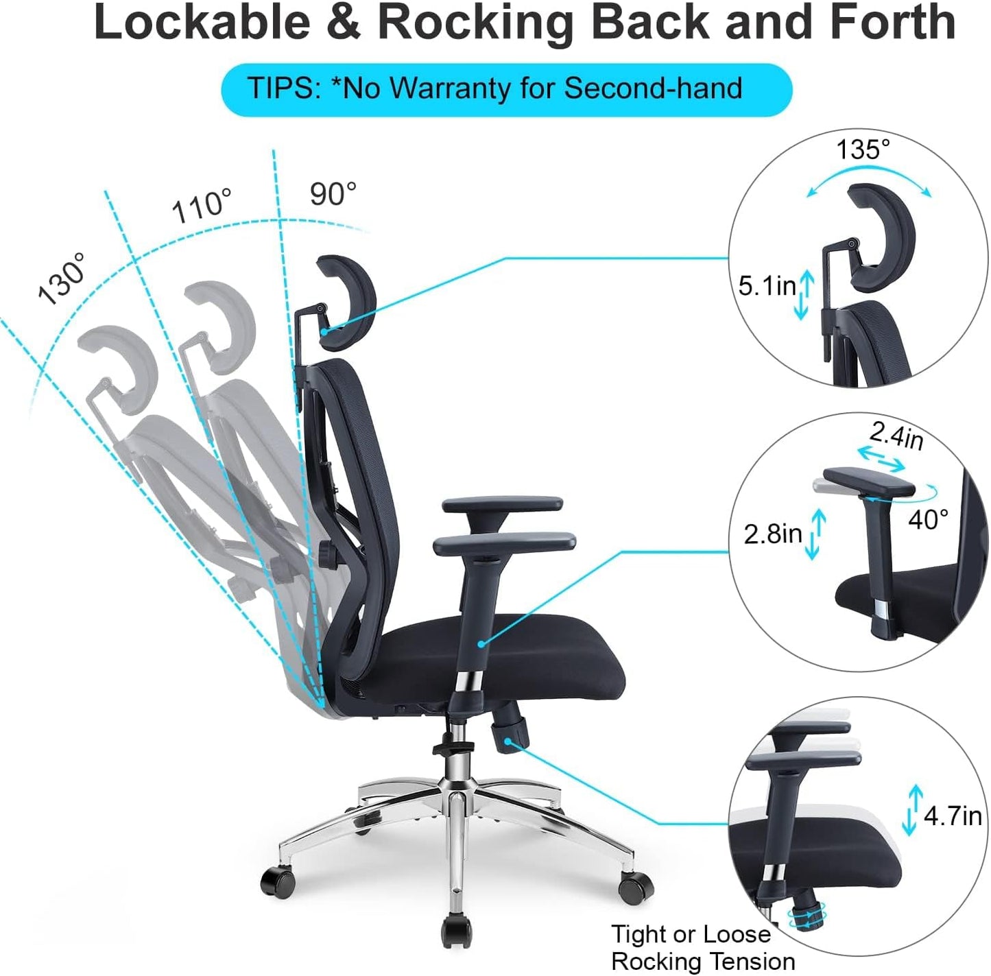 NEW - Ticova Ergonomic Office Chair - High Back Desk Chair with Adjustable Lumbar Support, Headrest & 3D Metal Armrest - 130Â°Rocking Mesh Computer Chair - Retail $199