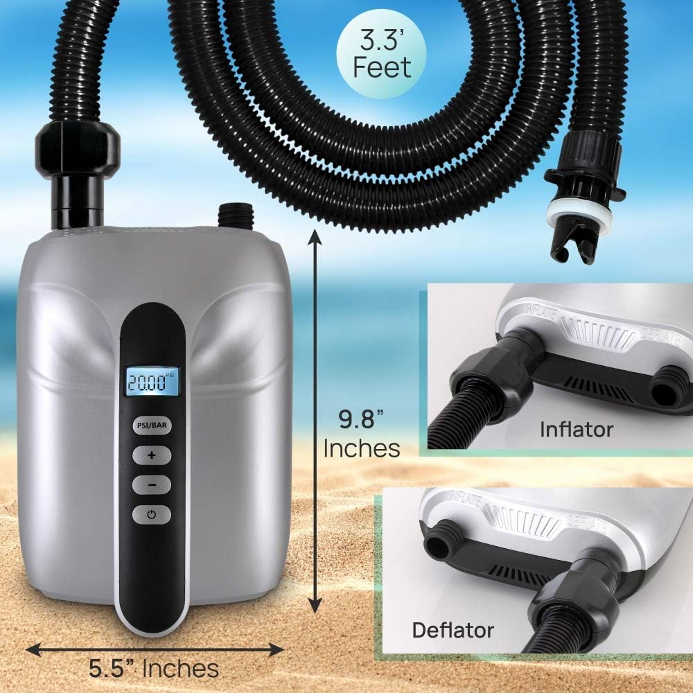 NEW - SereneLife 20PSI High Pressure SUP Electric Air Pump,Dual Stage Inflation Paddle Board Pump for Inflatable Stand Up Paddle Boards,Boats,Kayak,12V DC Car Connector By SereneLife,Silver - Retail $69