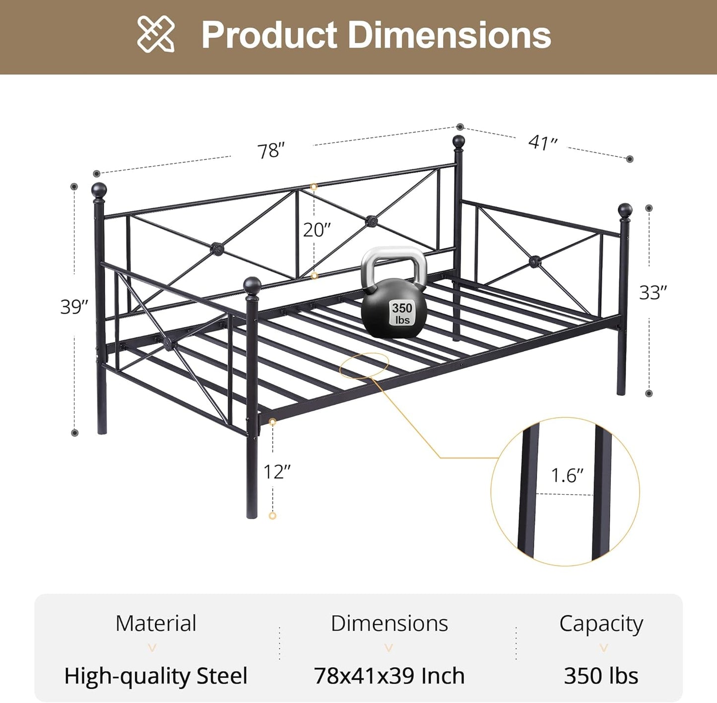 NEW - VECELO Classic Metal Daybed Frame/Bed Sofa with Headboard, Twin, Black - Retail $109