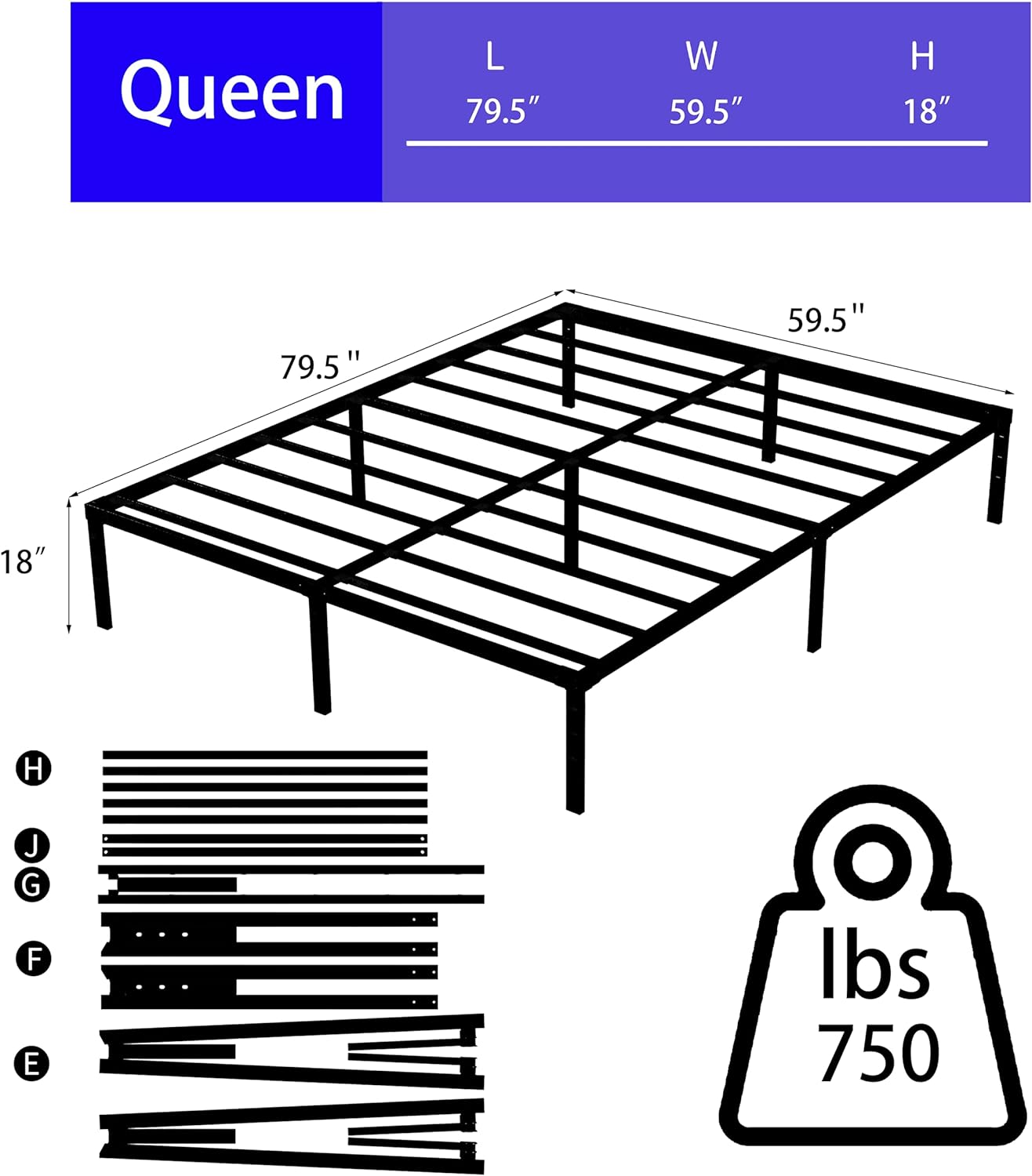 NEW - DERYONI 18 inch Queen Size Bed Frame No Box Spring Needed Heavy Duty Queen Platform Bed Frame Steel Slat Support 750lbs High Easy Assembly Noise Free Black Bed Frame Queen Size - Retail $76