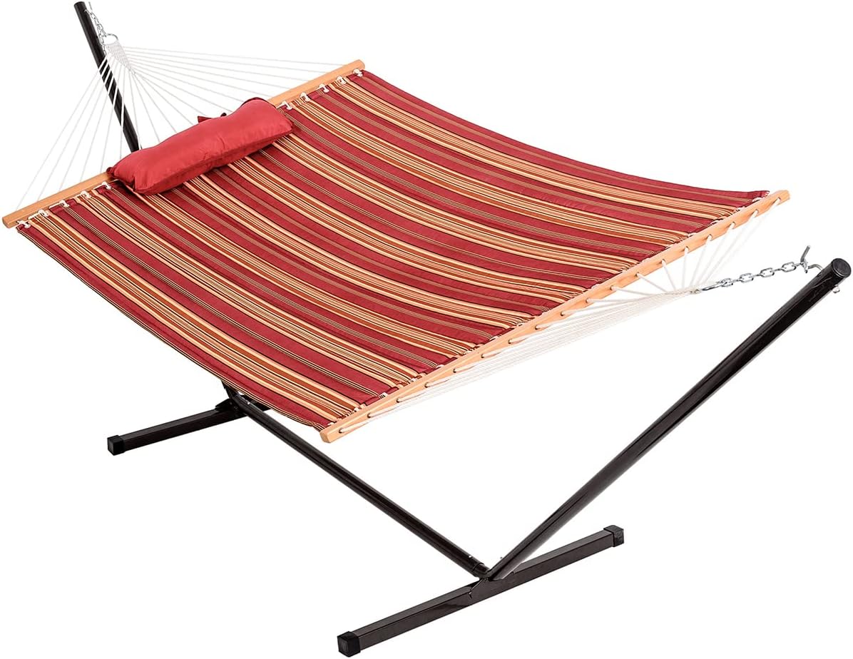 NEW - Lazy Daze Quilted Fabric Hammock with 12-Foot Stand, Double 2-Person Hammock with Pillow for Outdoor Outside Patio, Garden, Backyard, 450LB Capacity, Red/Brown Stripe - Retail $135