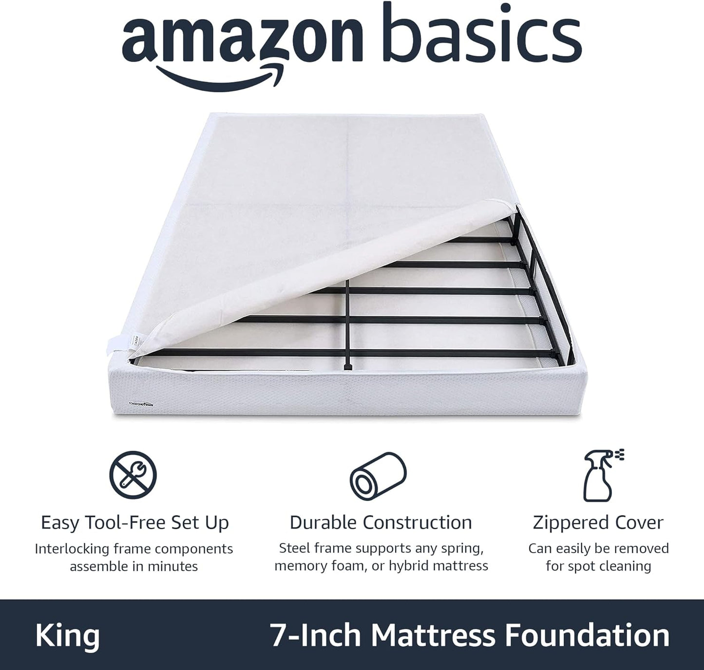 Amazon Basics Smart King Box Spring Bed Base, 7-Inch Mattress Foundation, Tool-Free Easy Assembly, White - Retail $147