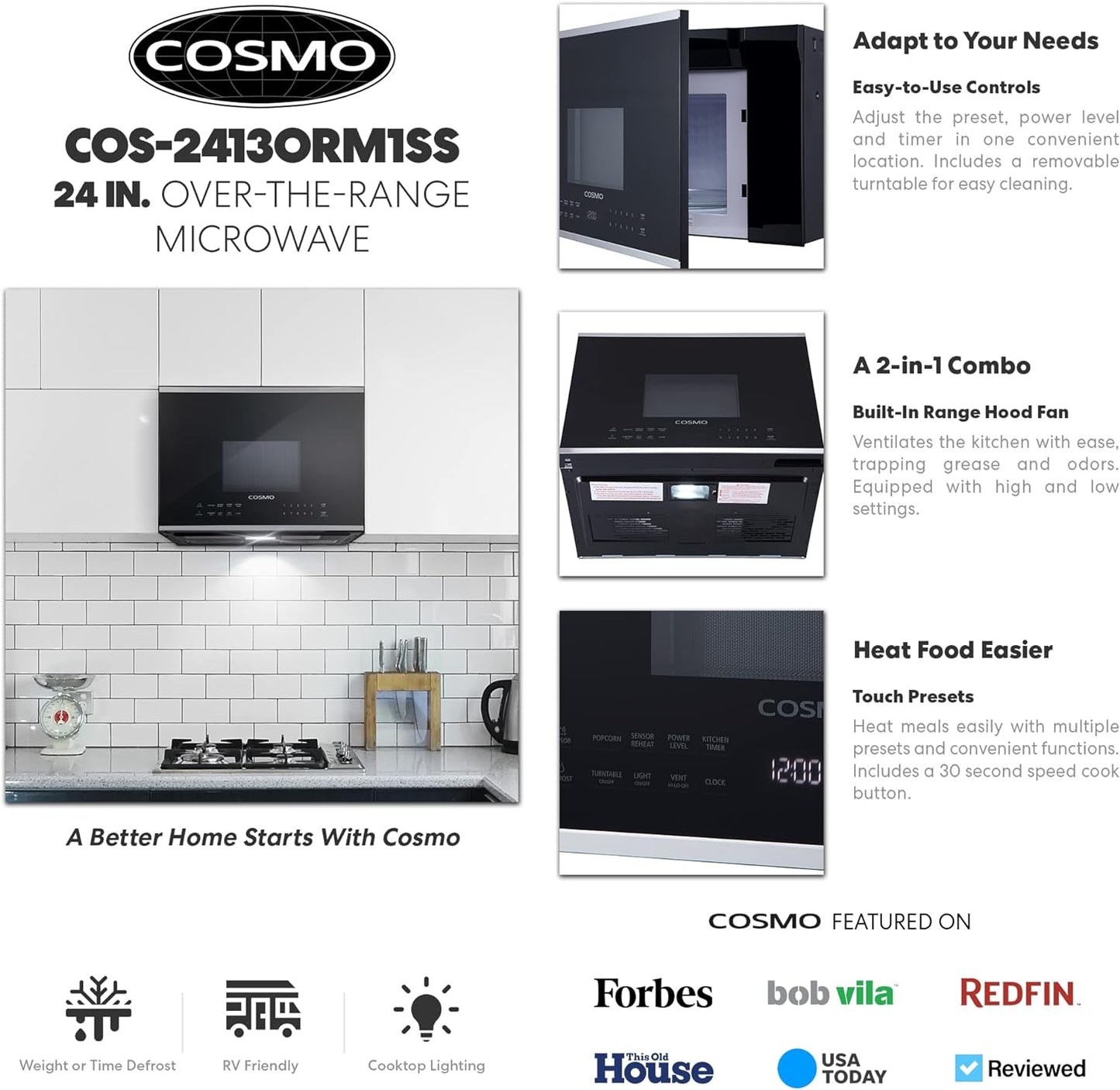 NEW - COSMO COS-2413ORM1SS Over the Range Microwave Oven with Vent Fan, 1.34 cu. ft. Capacity, 1000W, 24 inch, Black / Stainless Steel - Retail $287