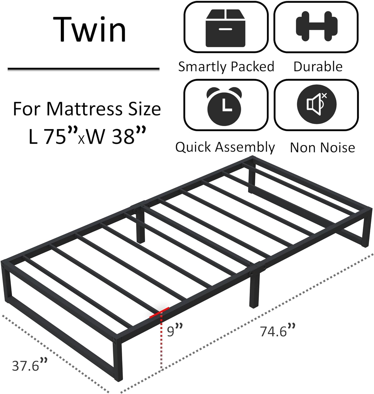 NEW - Lutown-Teen TWIN 9 Inch Bed Frames Heavy Duty Metal Twin Platform Bed Frame No Box Spring Needed, Noise Free, Easy Assembly, Black - Retail $109