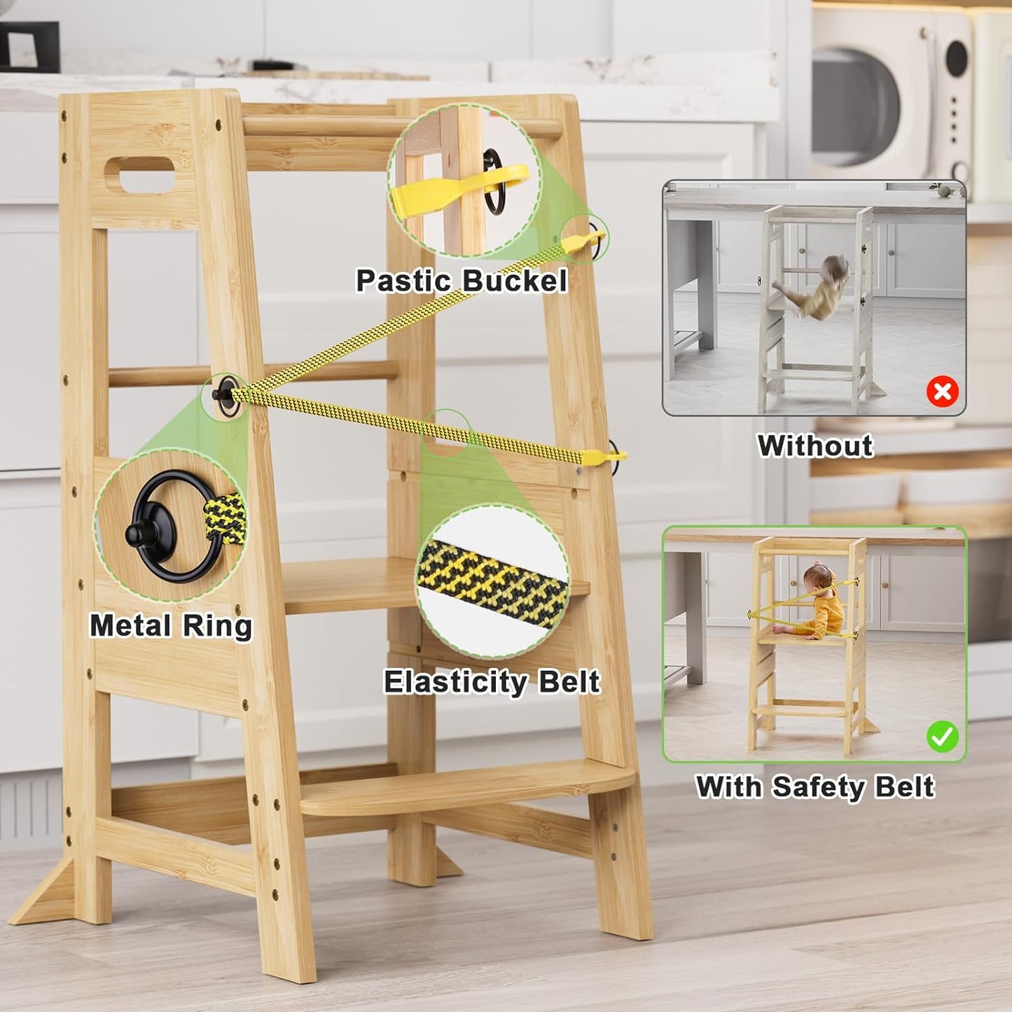 XiaZ Kids Kitchen Step Stool, Bamboo Toddler Standing Tower Height Adjustable Wood Helper Tower with Safety Belt for Kids Kitchen Learning Counter Bathroom Sink - Retail $64