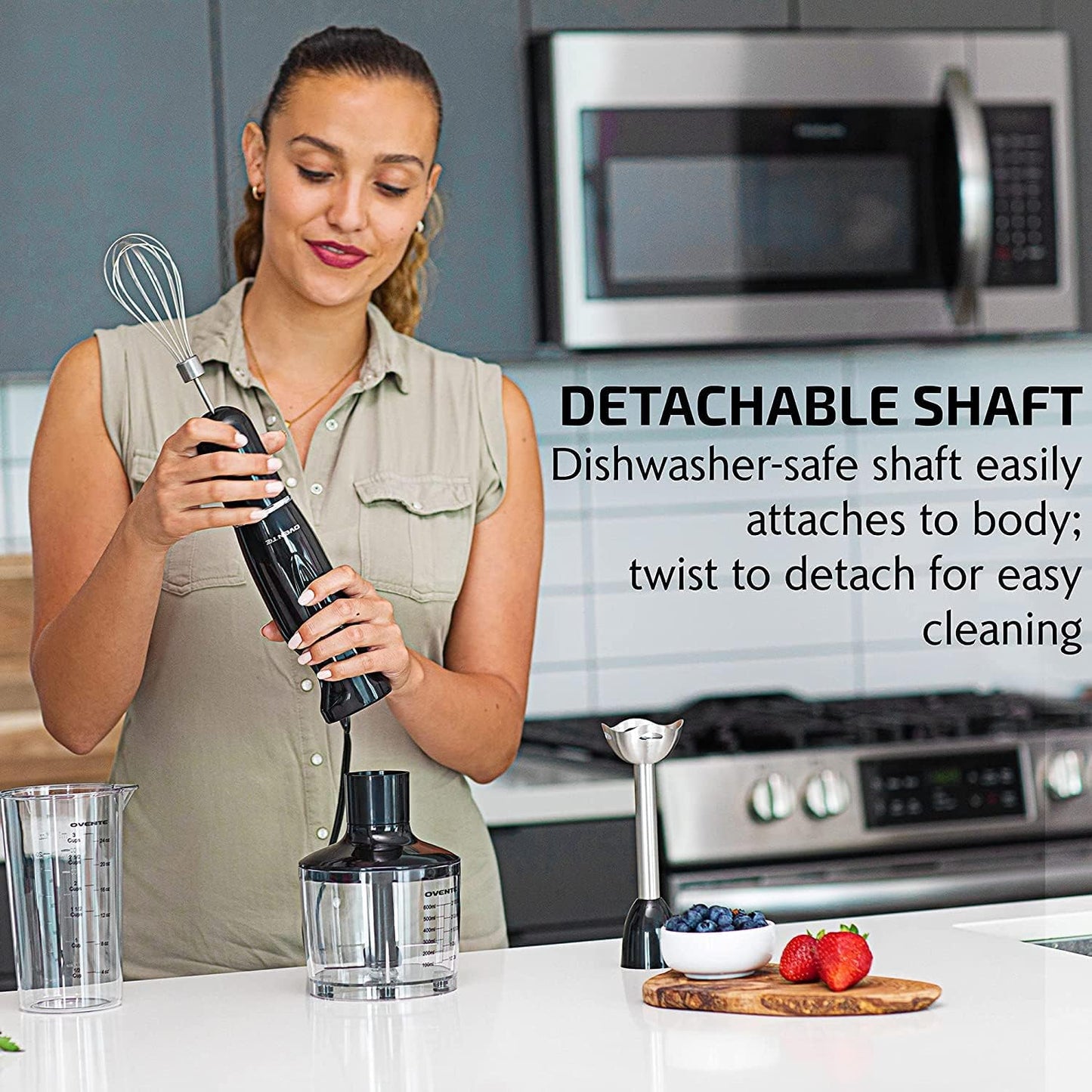 OVENTE Immersion Hand Blender, 300W Electric Handheld Portable Stick Mixer Set with 2 Mixing Speed, Stainless Steel Blades, Egg Whisk Attachment, Mixing Beaker and BPA-Free Food Chopper, Black HS565B