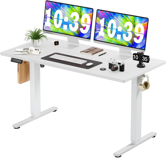 Sweetcrispy Electric Standing Desk - 55 x 24 inch Adjustable Height Sit to Stand Up Desk with Splice Board, Rising Home Office Computer Table with 2 Hook and Wire Hole for Work - Retail $139