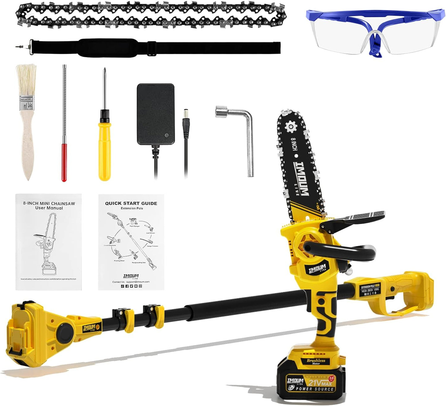 NEW - IMOULIVE 8" Cordless Pole Saw & Mini Chainsaw, 21V 3Ah Li-ion Battery, 15.2' Max - For Wood Cutting & Trimming - Retail $199