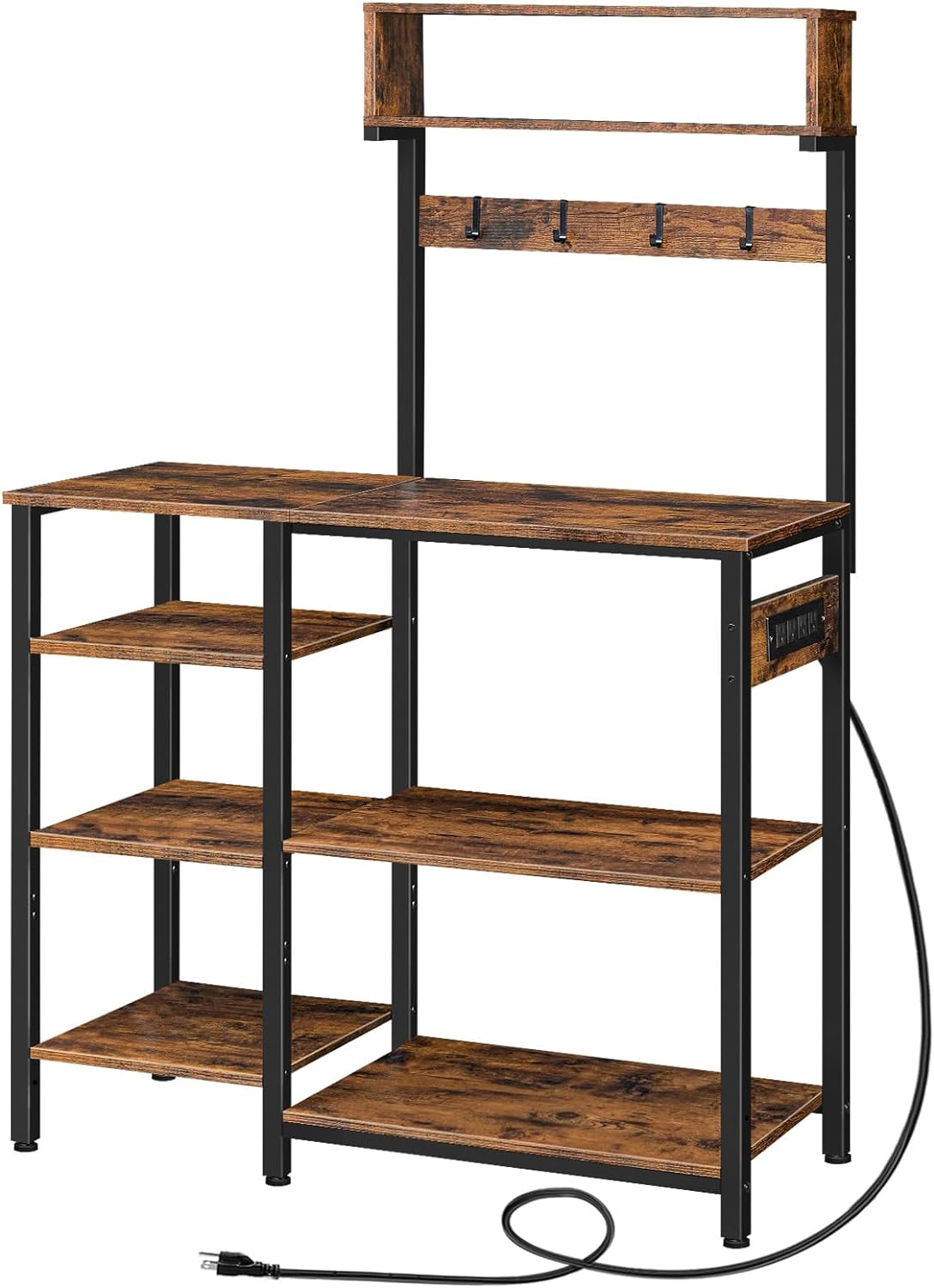 NEW - HOOBRO Bakers Rack with Power Outlet, 35.4 Inches Microwave Stand with 4 Hooks, 6 Tiers Kitchen Storage Shelf Rack, Coffee Bar Table, Rustic Brown and Black BF10UHB01 - Retail $99