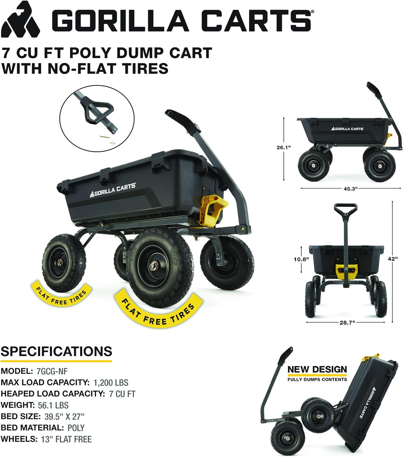 NEW - Gorilla Carts 7GCG-NF Heavy-Duty Poly Dump Cart with No-Flat Tires, 7 cu ft, 1200 lb Capacity, Black - Retail $296