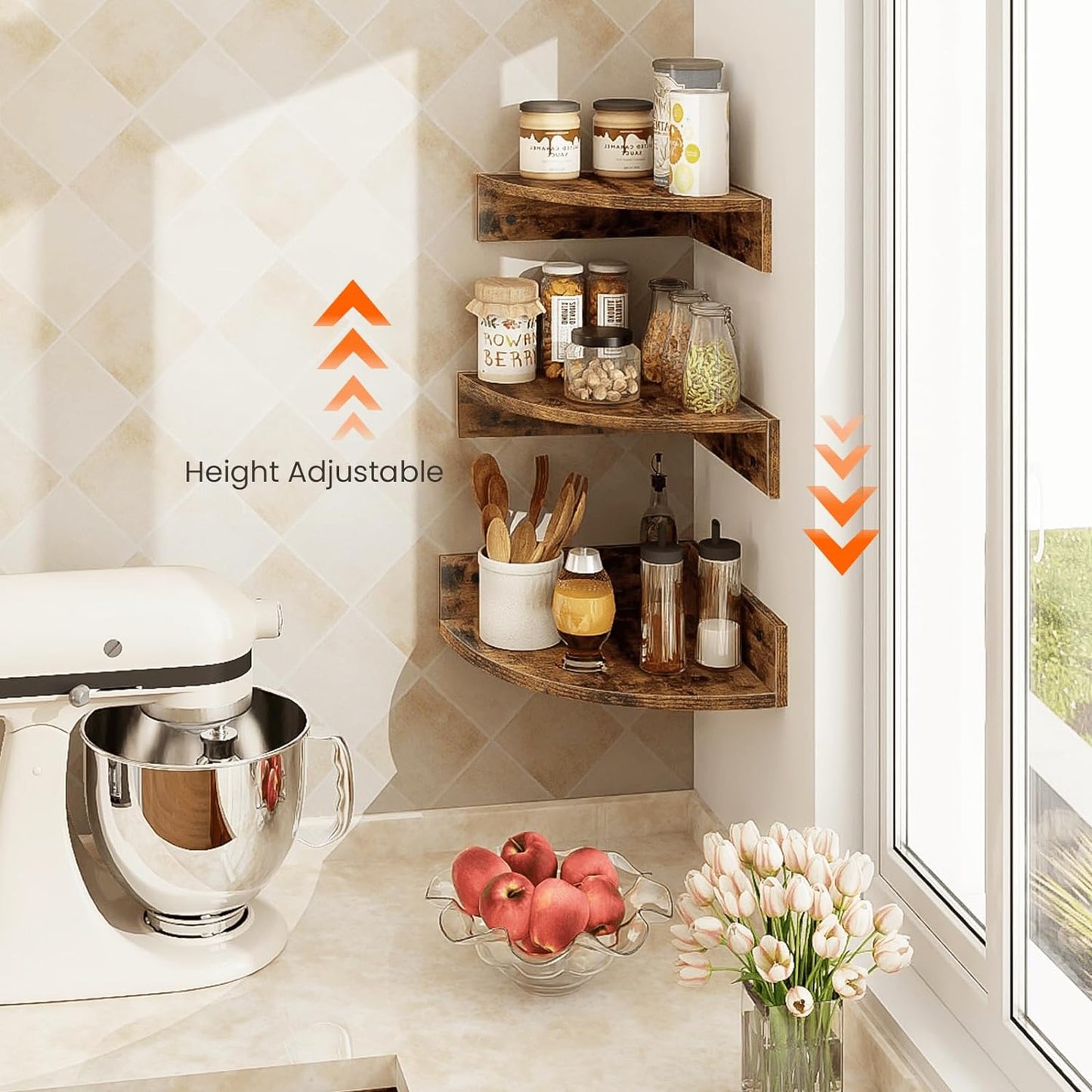 Homode Brown Corner Floating Shelves, Set of 3 Corner Shelves Wall Mounted with Cable Hole