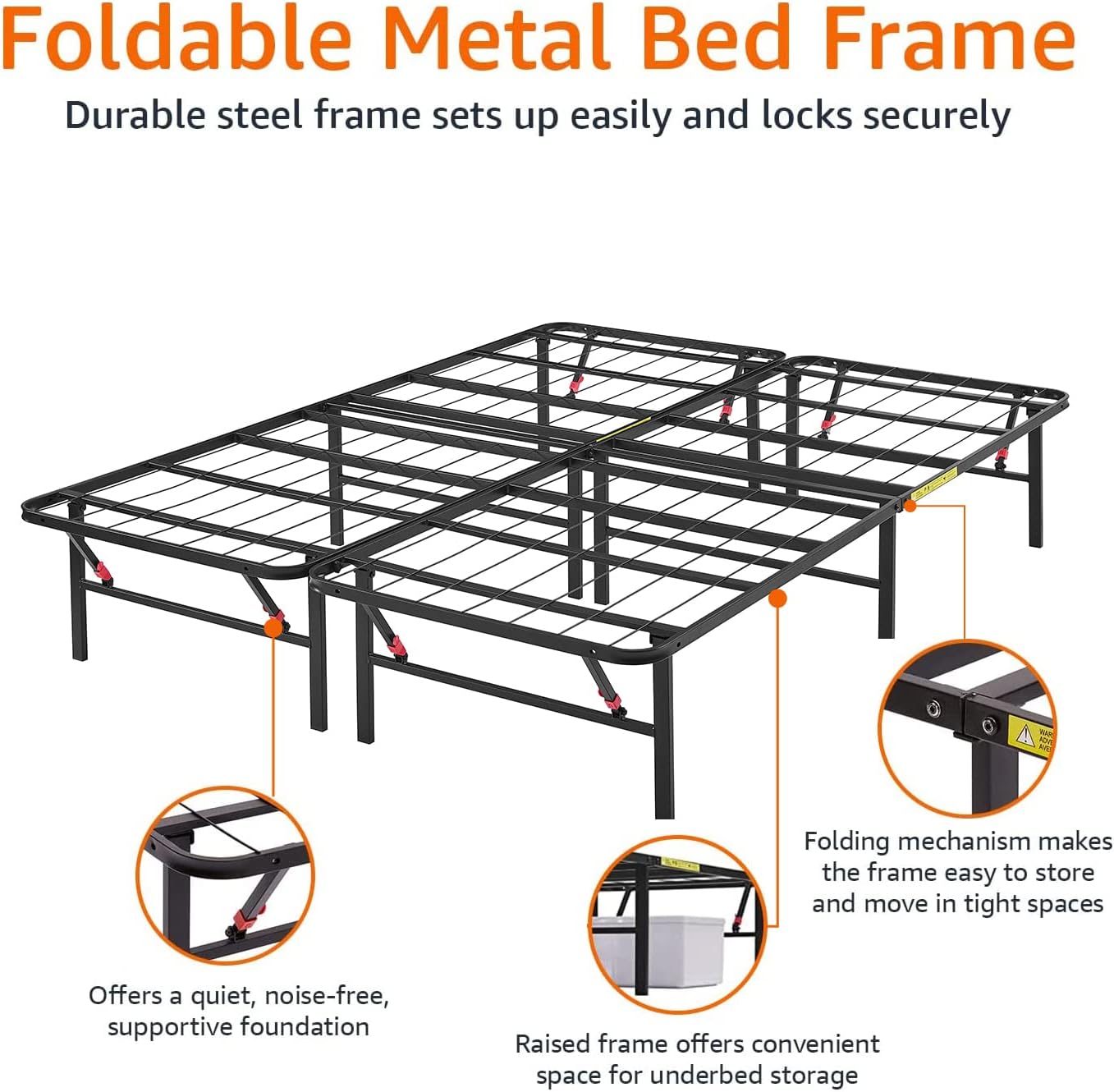 Amazon Basics Foldable Metal Platform Bed Frame with Tool Free Setup, 14 Inches High, Sturdy Steel Frame, No Box Spring Needed, Queen, Black - Retail $89