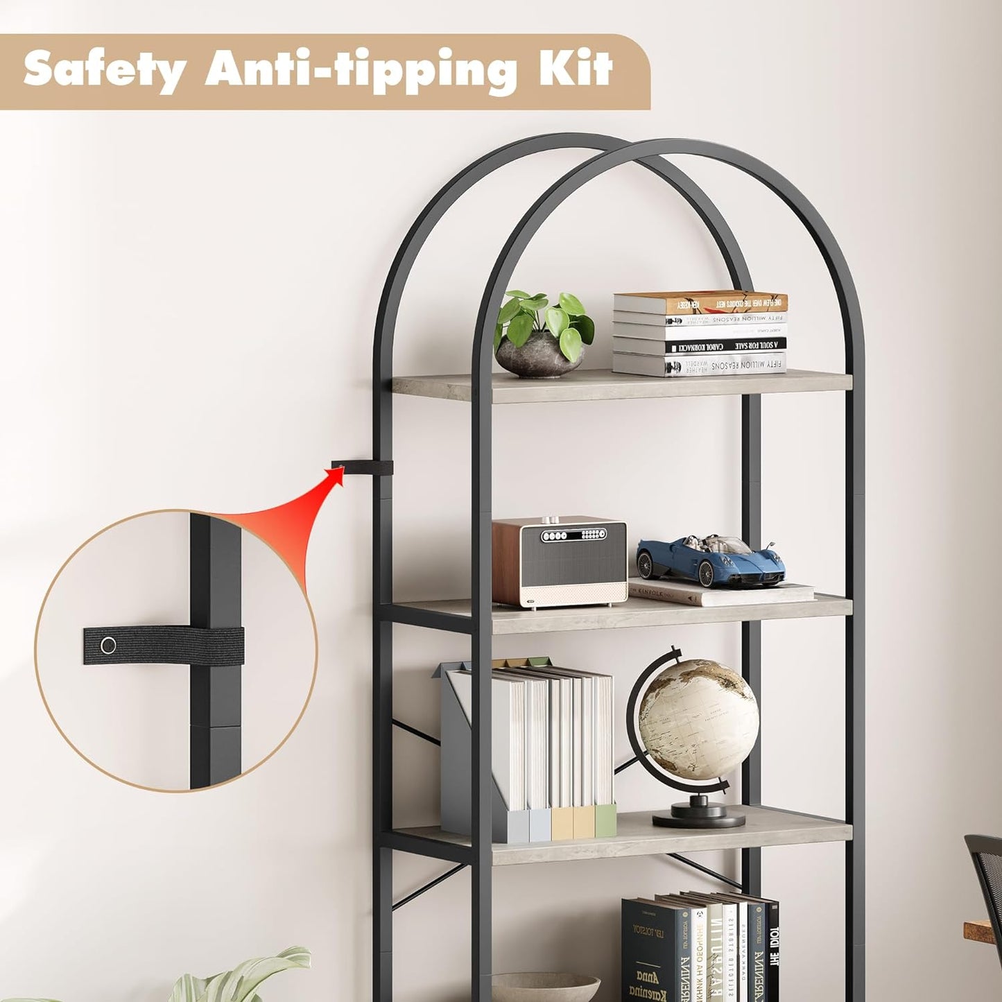 NEW - IDEALHOUSE Bookshelf 5 Tier Bookcase Arched Display Racks Tall Standing Bookshelves Metal Frame Farmhouse Storage Rack Shelf Grey Book Shelf for Bedroom, Living Room, Home Office - Retail $79