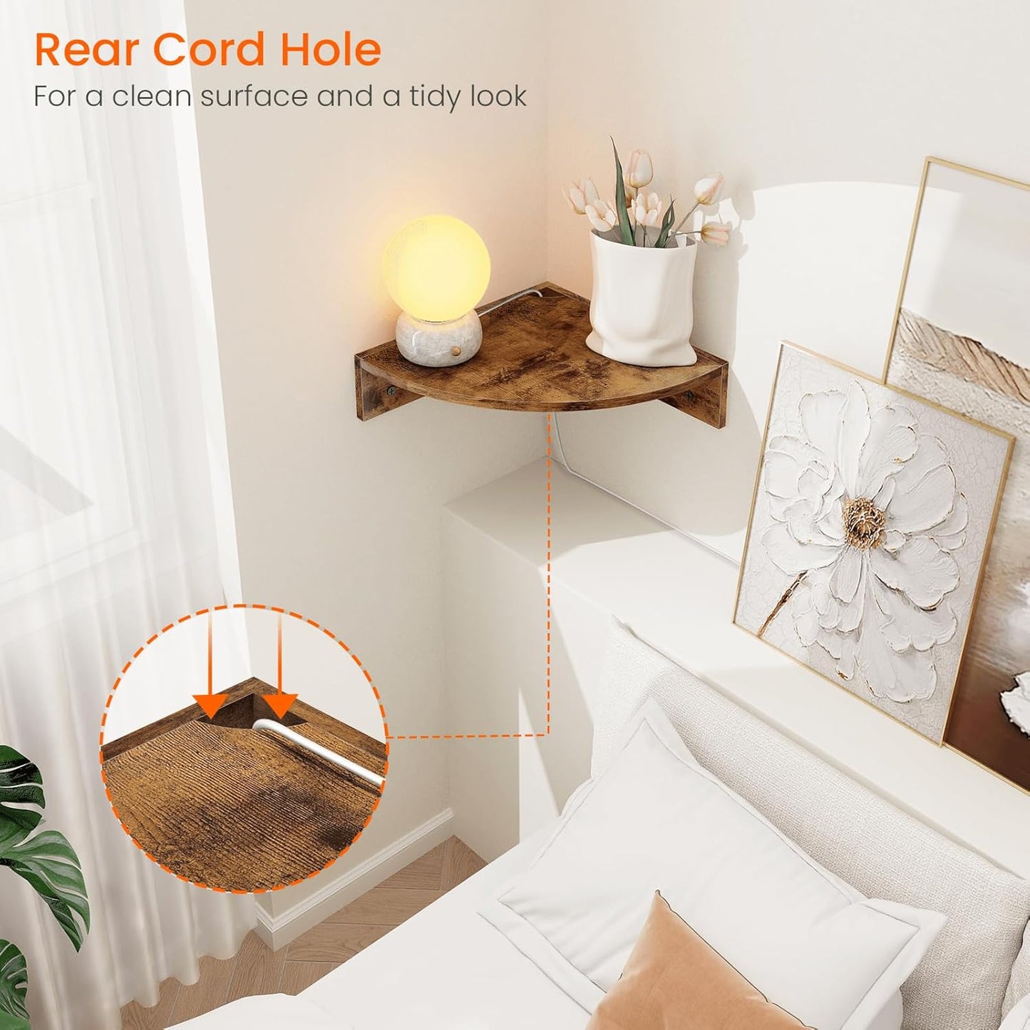 Homode Brown Corner Floating Shelves, Set of 3 Corner Shelves Wall Mounted with Cable Hole