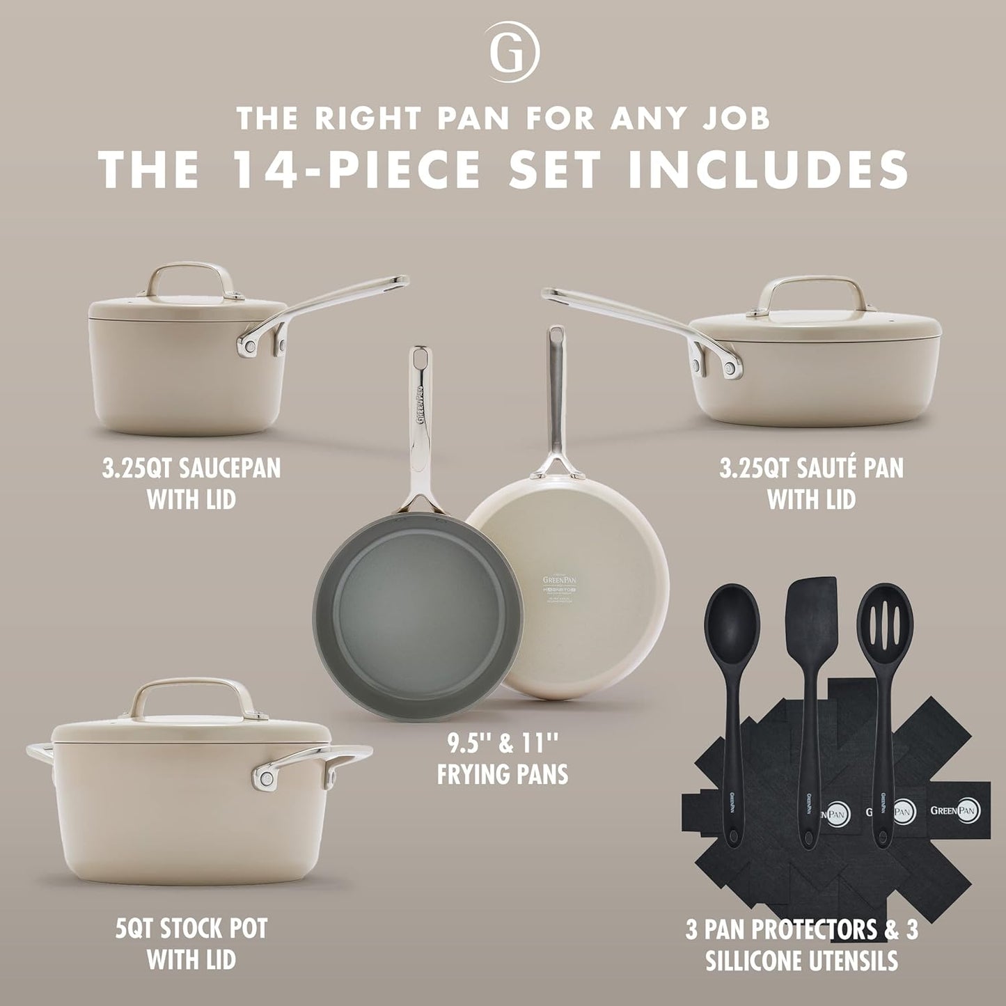 NEW - GreenPan GP5 Hard Anodized Healthy Ceramic Nonstick 14 Piece Cookware Pots and Pans Set,Heavy Gauge Scratch Resistant,Stay-Flat Surface, Induction, Mirror Finish Handle,Oven Safe,PFAS-Free,Taupe - Retail $479