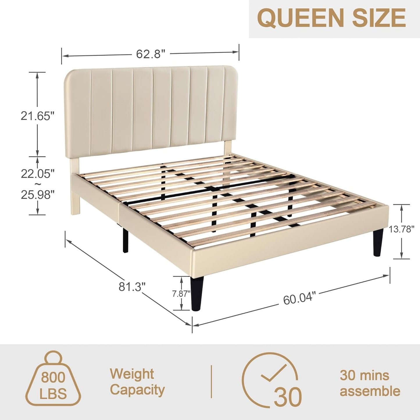 NEW - VECELO Queen Size Upholstered Bed Frame with Adjustable Headboard, Velvet Platform Bedframe Mattress Foundation, Strong Wood Slat Support, No Box Spring Needed, Beige - Retail $178