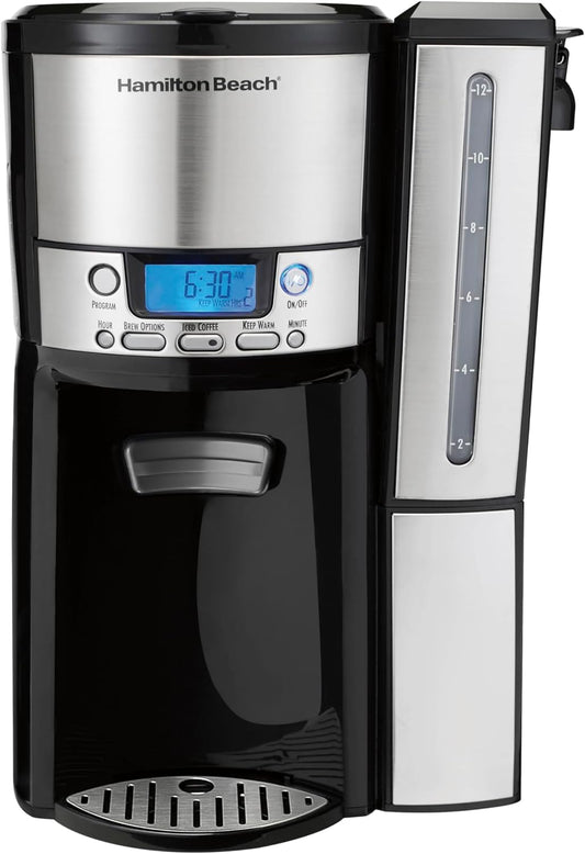 NEW - Hamilton Beach One Press Programmable Dispensing Drip Coffee Maker with 12 Cup Internal Brew Pot, Water Reservoir, Black and Silver (47950) - Retail $52