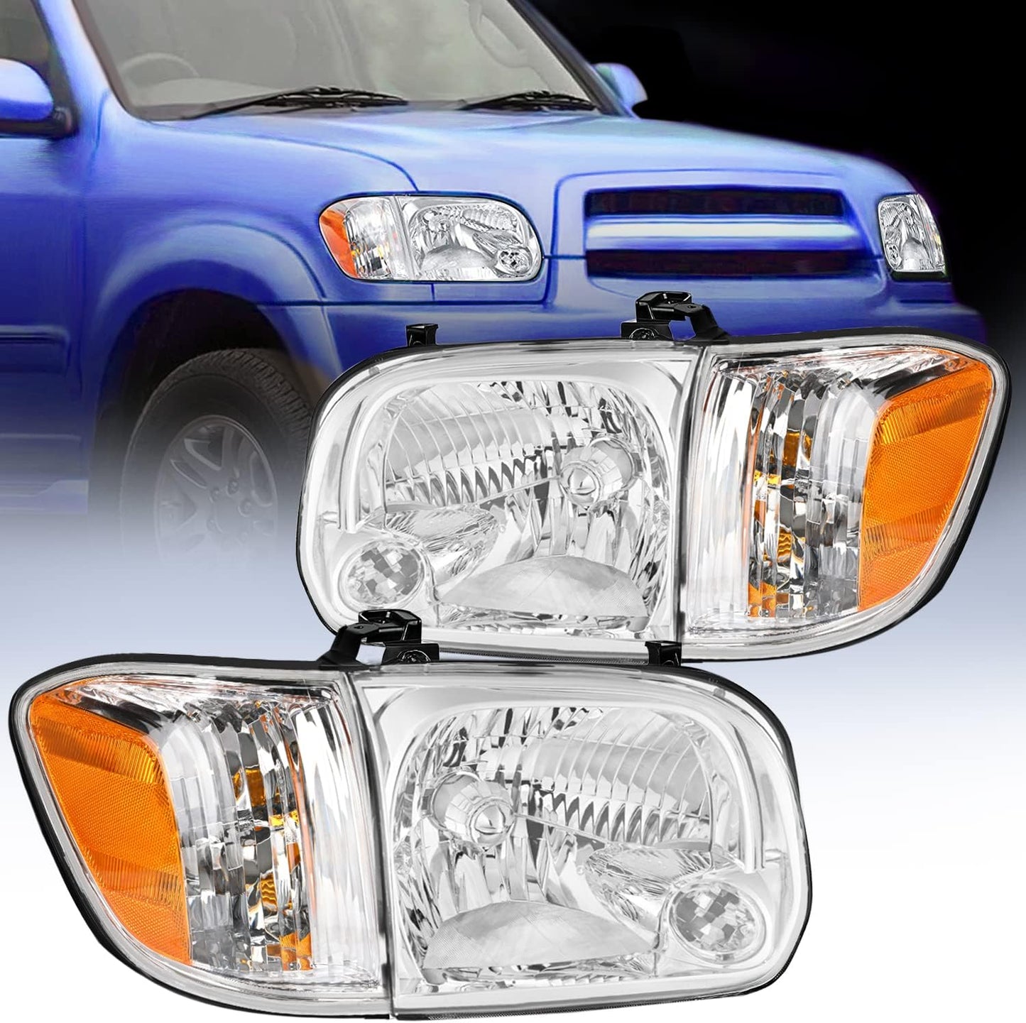 Nilight Headlight Assembly for 2005 2006 Toyota Tundra 4 Door Double Crew Cab 2005 2006 2007 Sequoia Pickup Replacement Chrome Housing Amber Reflector Driver and Passenger Side, 2 Years Warranty - Retail $131