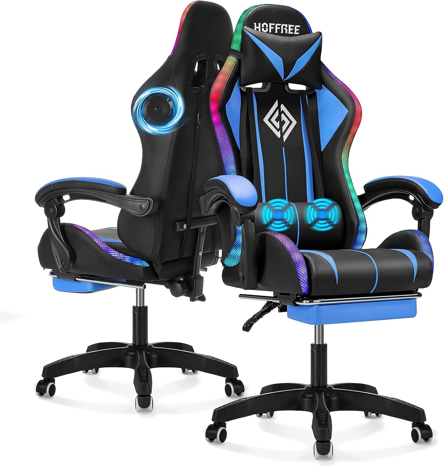 NEW - Gaming Chair with Bluetooth Speakers and RGB LED Lights Ergonomic Massage Video Game Chair with Footrest High Back with Lumbar Support Blue and Black - Retail $215