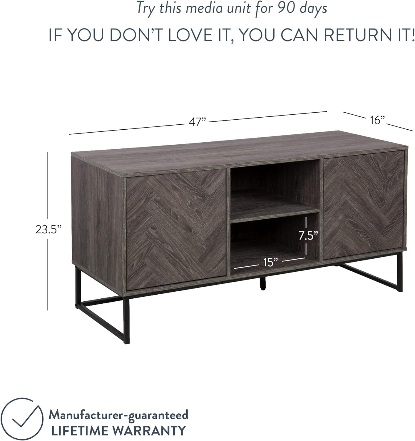 NEW - Nathan James Dylan Media Console Cabinet or TV Stand with Doors for Hidden Storage Herringbone Wood Pattern and Metal, Gray/Matte Black Length: 47" x Width: 16" x Height: 24" - Retail $169
