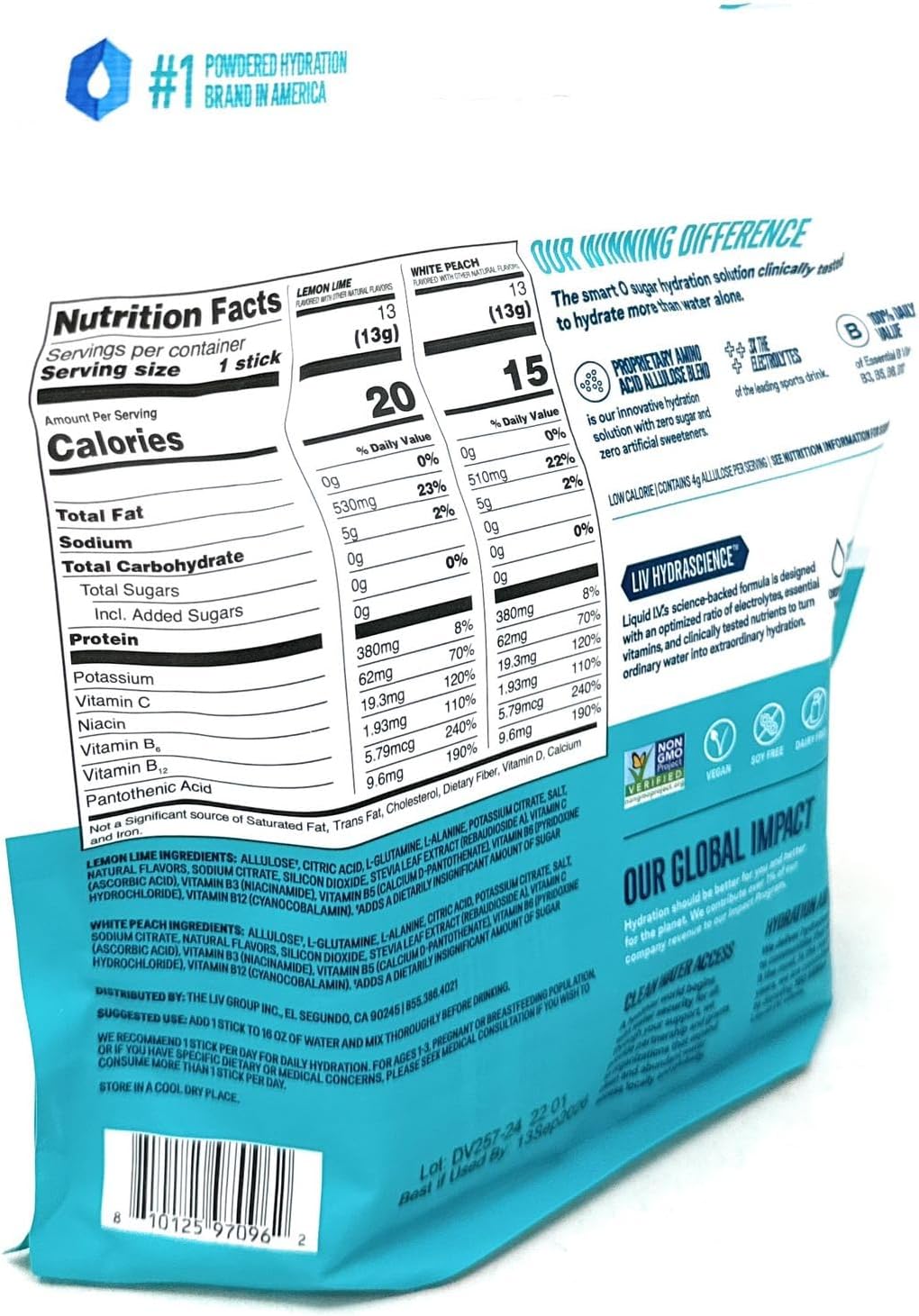 Liquid I.V. Sugarfree Hydration Multiplier Lemon Lime & White Peach - 26 Sticks